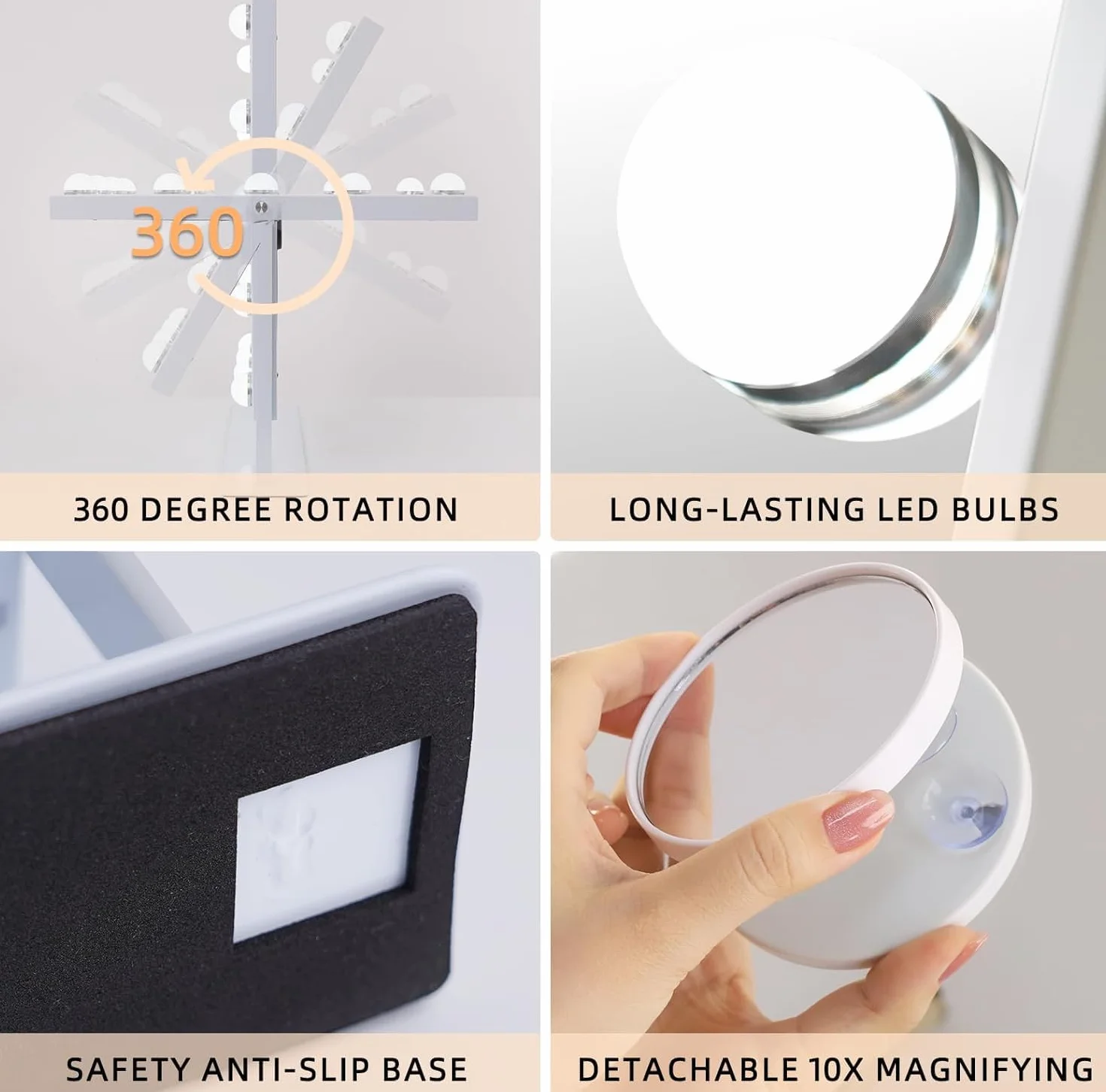 FENCHILIN Hollywood Lustro do makijażu z oświetleniem, 12 ściemnianych lamp LED, obracane o 360°, lusterko kosmetyczne z 3 kolorami światła, 10-krotne powiększenie, dotykowe sterowanie, białe, 30 x 41