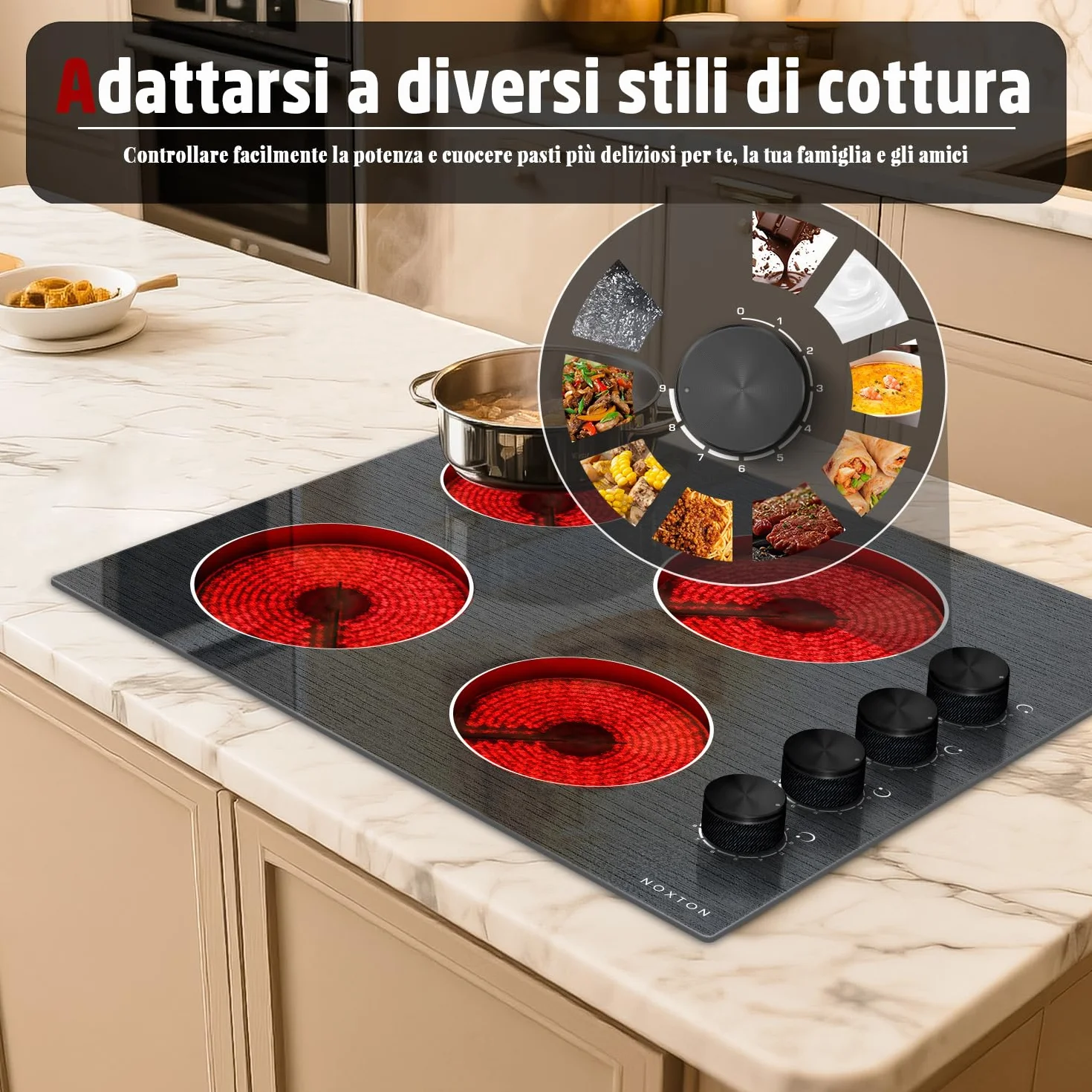 NOXTON płyta szklano-ceramiczna 4 płyty ze sterowaniem pokrętłem, płyta elektryczna do zabudowy 60 cm, płyta ceramiczna 4 strefy z 9 poziomami mocy, 6000 W, 220 V-240 V, bez wtyczki