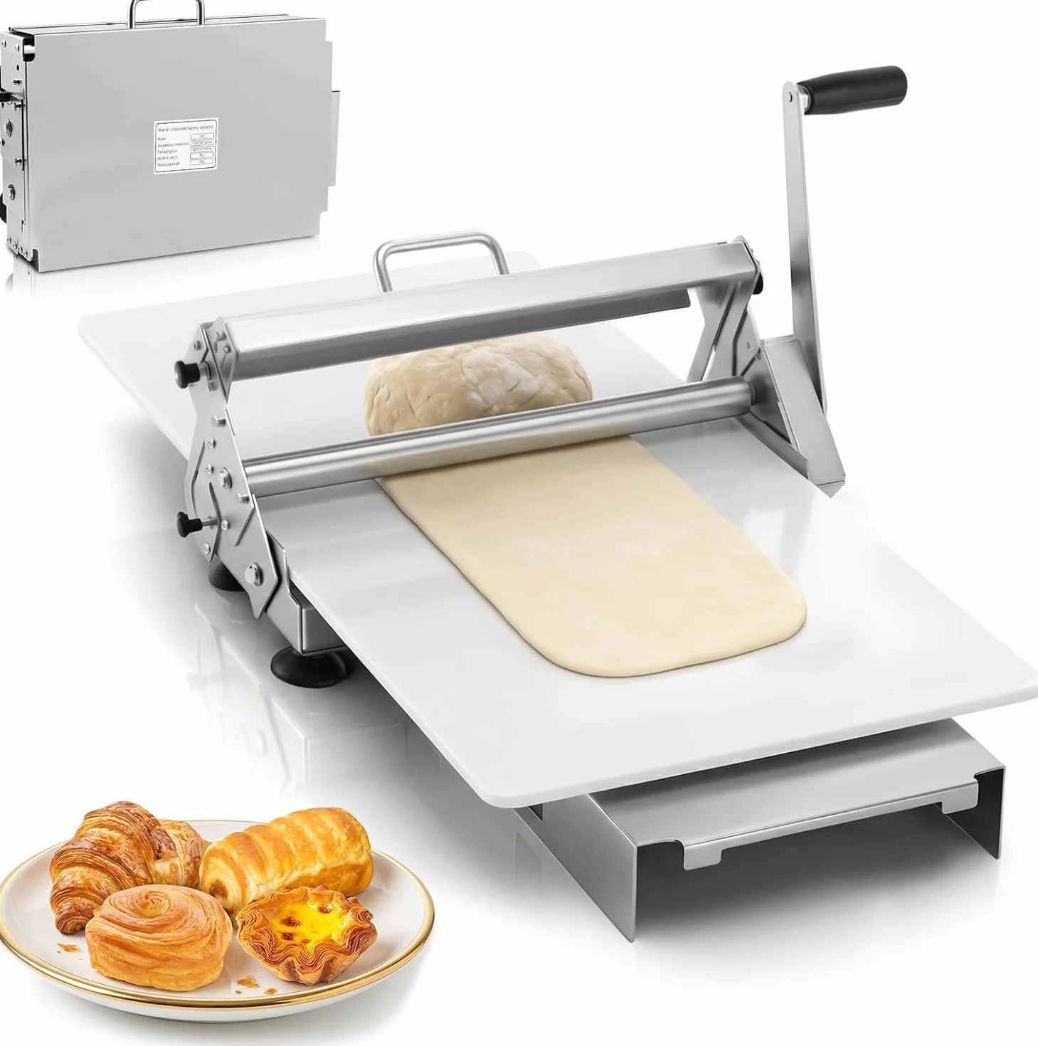 Ręczny składany wałek do ciasta, laminator ciasta ze stali nierdzewnej z 10-stopniową regulacją grubości (0–25 mm), wałek nieprzywierający, składany i oszczędzający miejsce do użytku domowego i prof