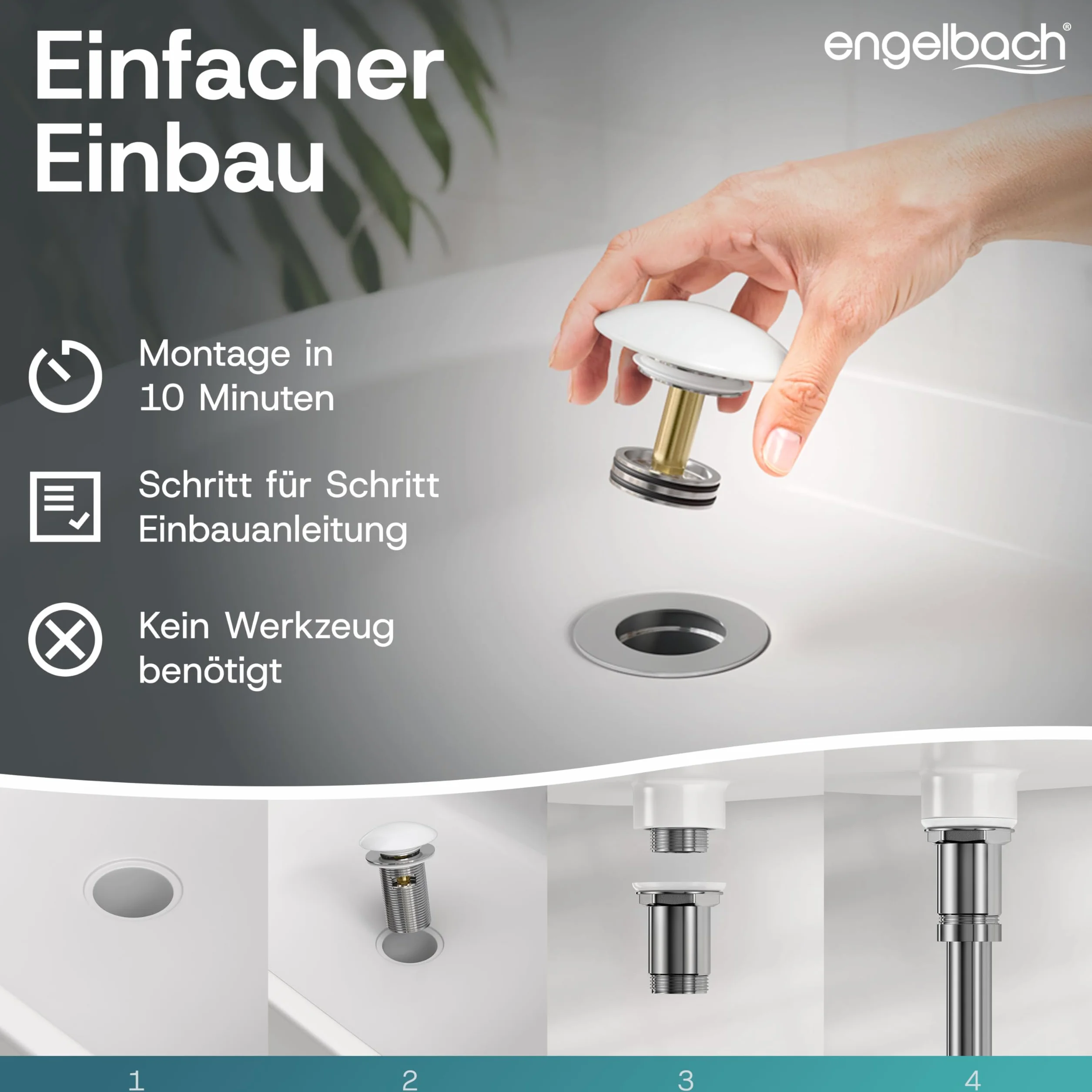 Engelbach® Uniwersalny zestaw odpływowy do umywalki – zawór pop-up (również do umywalek nablatowych) – wyjmowany korek z sitkiem na włosy – w zestawie instrukcja montażu, Ceramiczny z przelewem