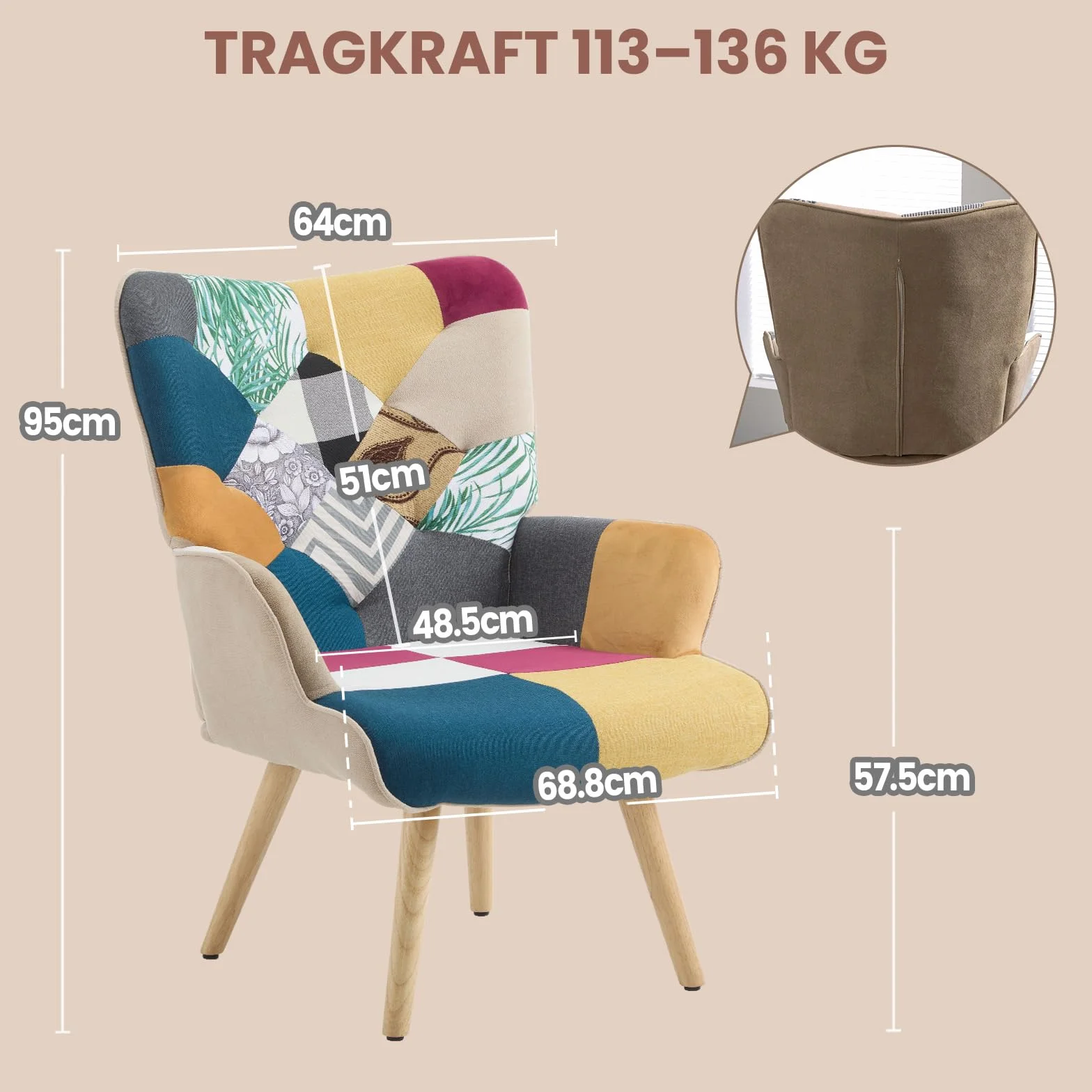 Patchwork fotel relaksacyjny, lniany fotel wypoczynkowy z nóżkami z litego drewna, fotel z uszami do salonu, sypialni, kącik do czytania, wielokolorowy
