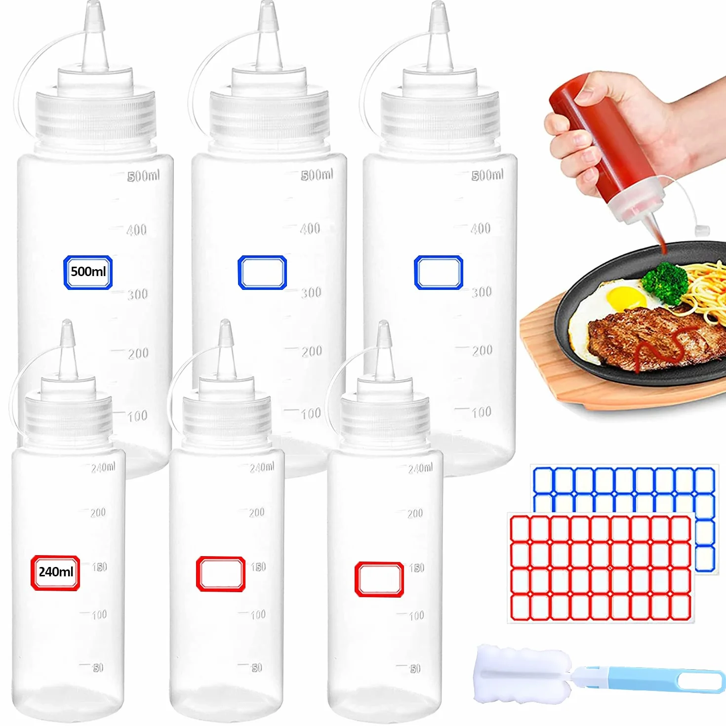 Squeeze butelka dozująca z nakrętkami, 240 ml/500 ml, 6 sztuk, bez BPA, do kapanego ciasta, keczupu, pikantnych butelek z oliwą z oliwek