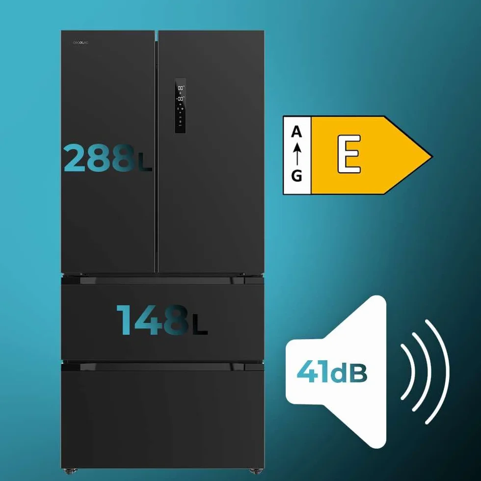 Cecotec Lodówko-zamrażarka do drzwi francuskich Bolero CoolMarket FD 436 Dark E. 436 L, Total No Frost, Multi Airflow y inverter para ahorro energético.