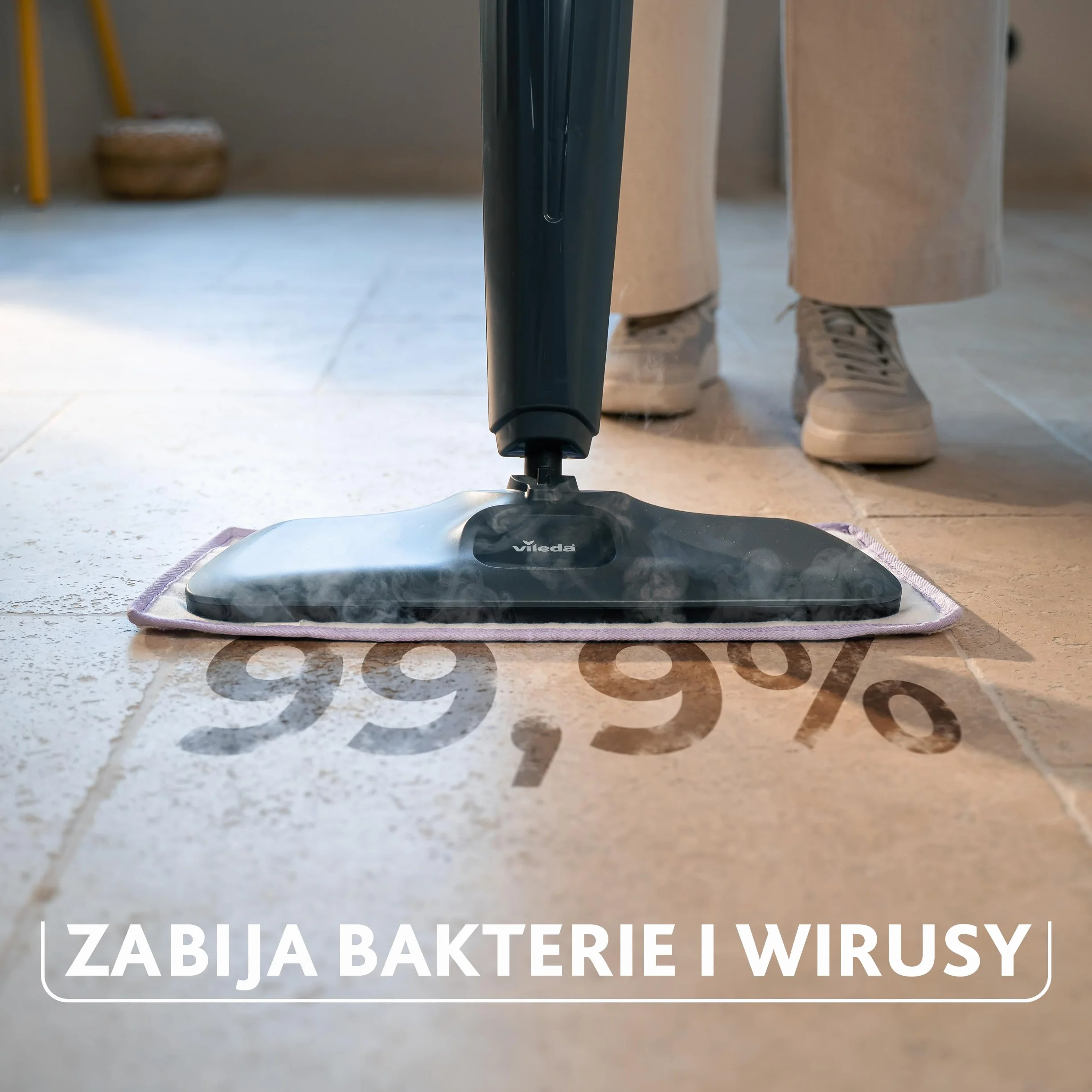 Mop parowy Vileda Steam Plus Pro XXL, zabija do 99,9% bakterii i wirusów, idealny do delikatnych podłóg, z 4 trybami pary, posiada podstawkę do przechowywania