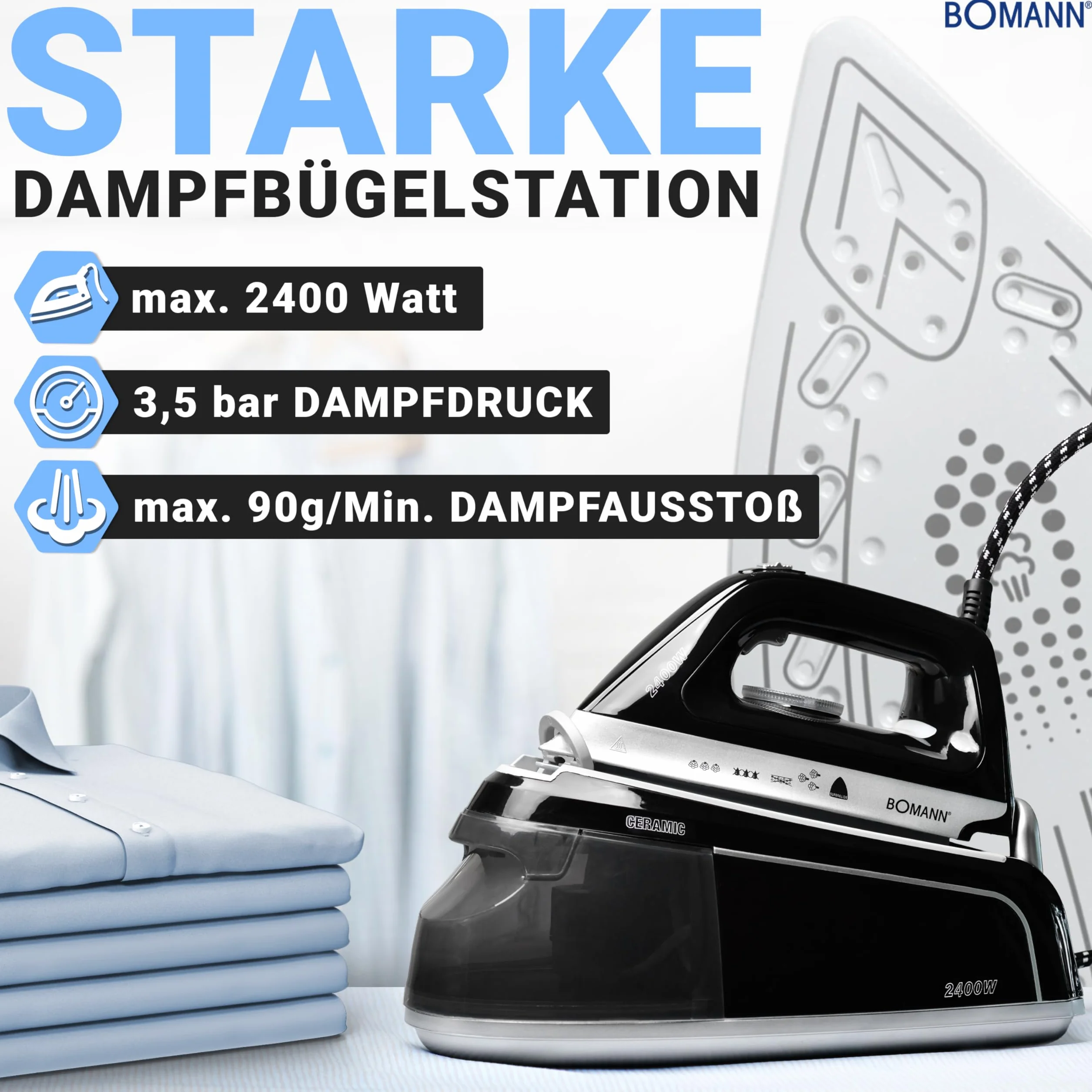 Bomann, DBS6034CB, czarny generator pary z ceramiczną płytką soleplate, poziomą i pionową funkcją parową