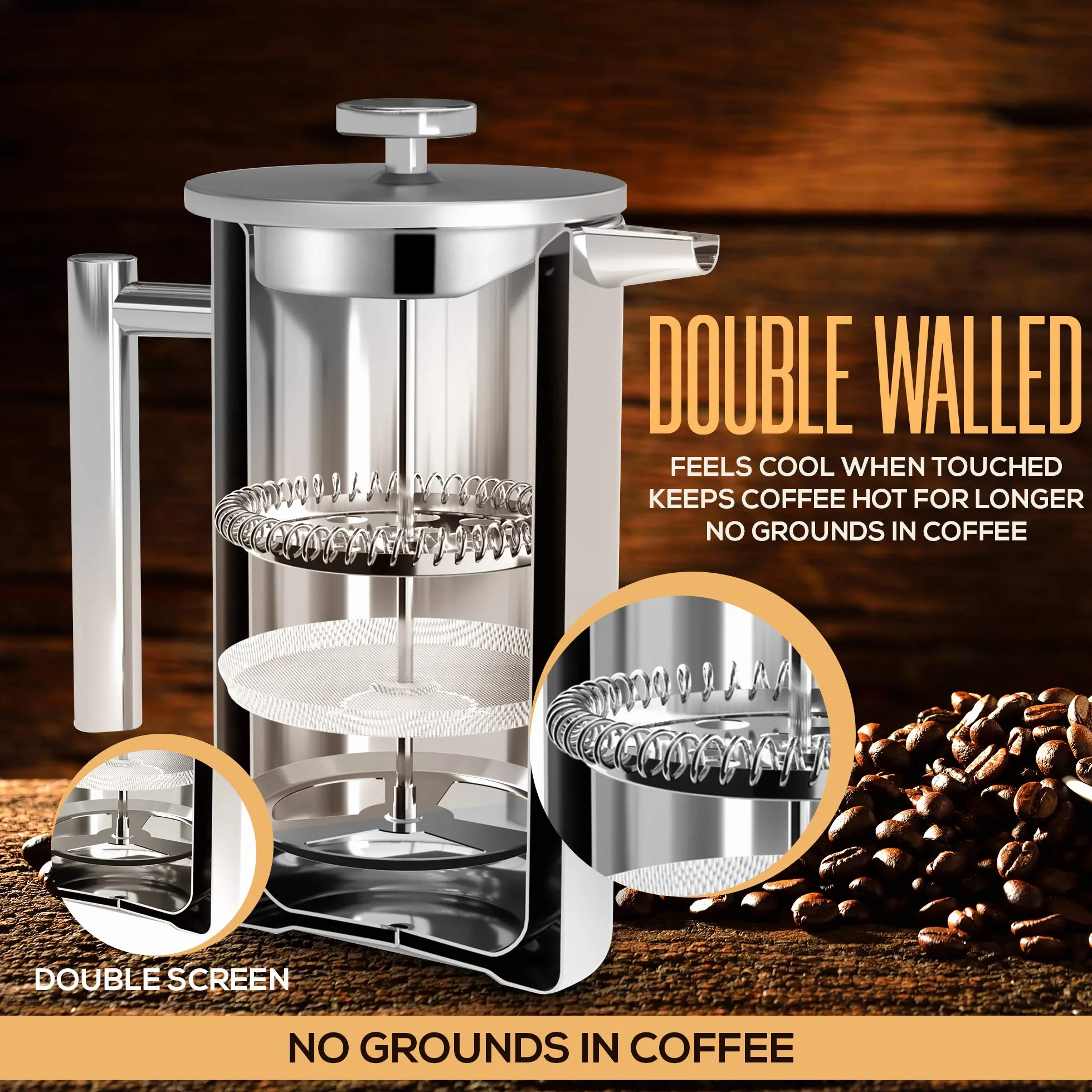 Kichly Prasę Francuską Zaparzacz do Kawy - Ekspres do Kawy 600ml (20oz) Dwuwarstwowe 100% Stal Nierdzewna - Herbata lub Cafetiere Czajnik - Przenośny Cafetière dla domu i kempingu (Srebrny)
