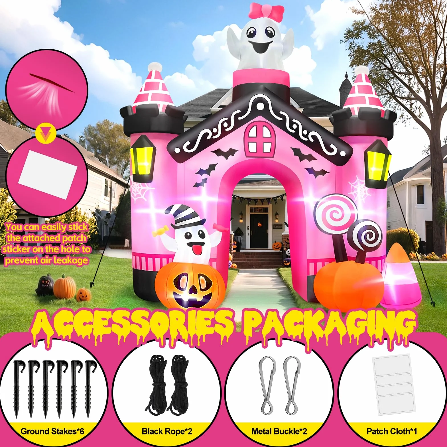 Kalolary 11FT Nadmuchiwany łuk w kształcie zamku wysokości Halloween dekoracja zewnętrzna, gigantyczny różowy łuk z uroczą dynią i duchem na imprezę halloweenową, na zewnątrz, do ogrodu, na trawnik