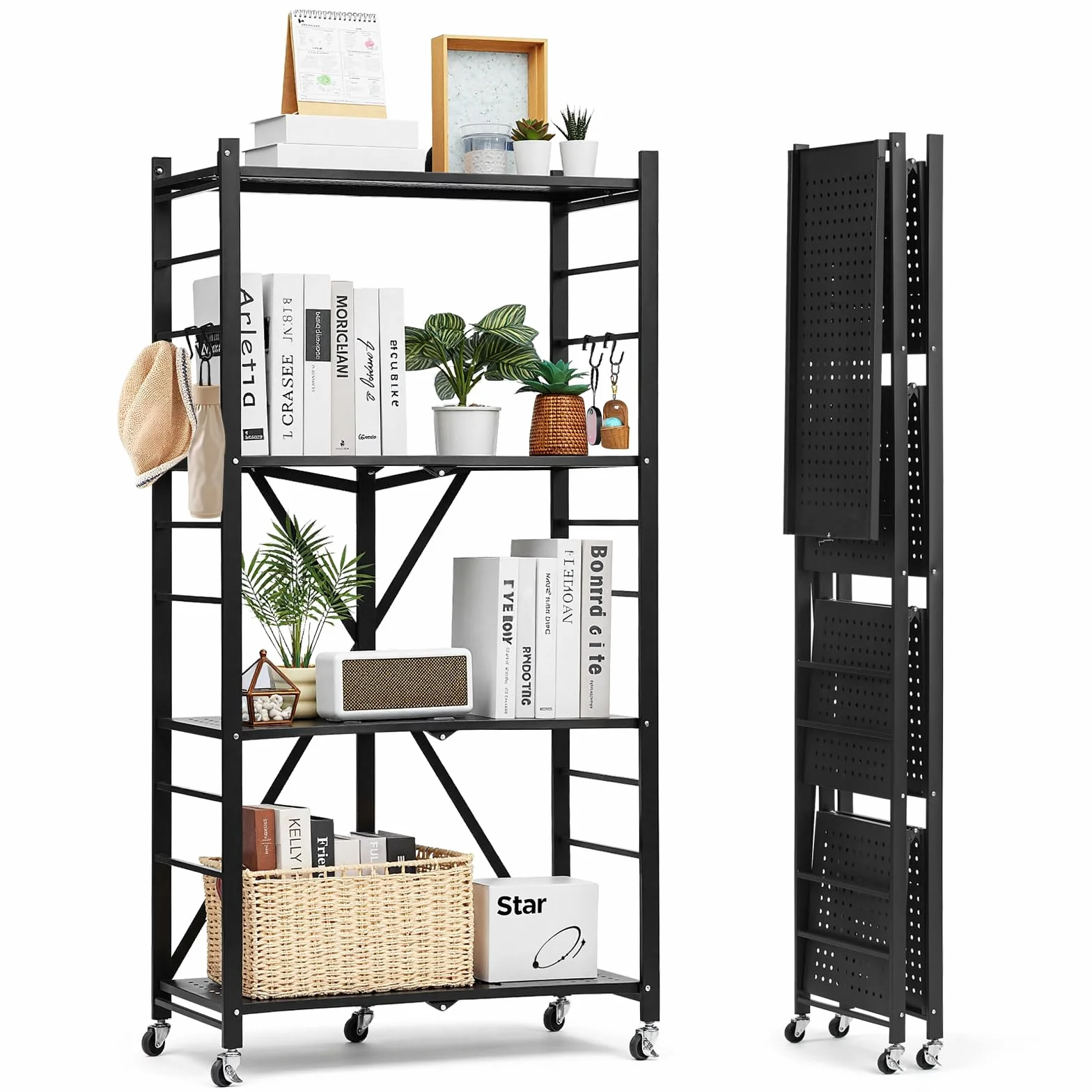 VEVOR 4-poziomowy składany regał do przechowywania, 61 szer. x 30 cm x 137 cm, składany, metalowy, wytrzymały, bez montażu, organizer z 5 kółkami i 4 haczykami, do spiżarni, kuchni, garażu, piwnicy