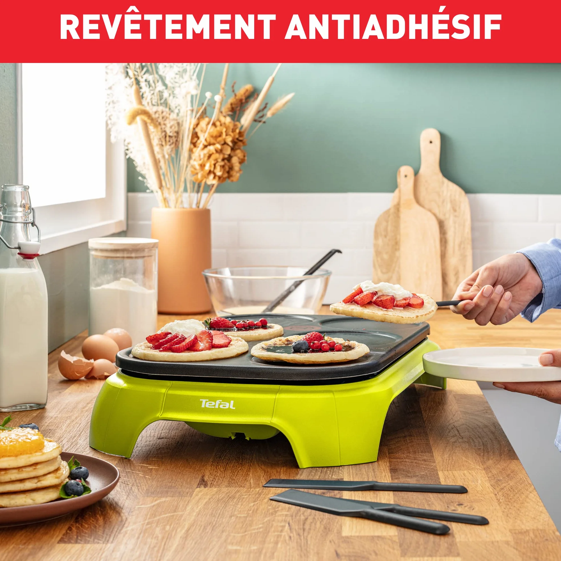 Tefal PY5593 Crep'Party Colormania Crêpemaker | Płyta z 6 Zagłębieniami do Naleśników | Wskaźnik Temperatury Thermo-Spot | w Zestawie 6 Szpatułek i Jedna Łyżka | Żółty/Czarny
