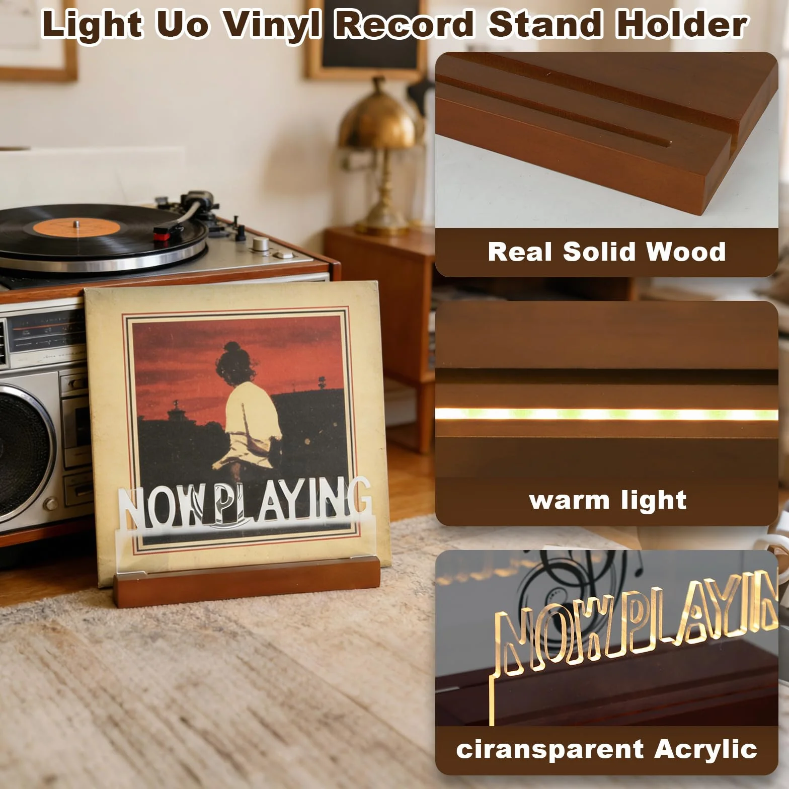 Now Playing stojak na płyty winylowe, drewniany, akrylowy uchwyt z ciepłymi białymi światłami, podświetl regał na płyty gramofonowe, teraz Playing Vinyl Record Stand do winylowych albumów i