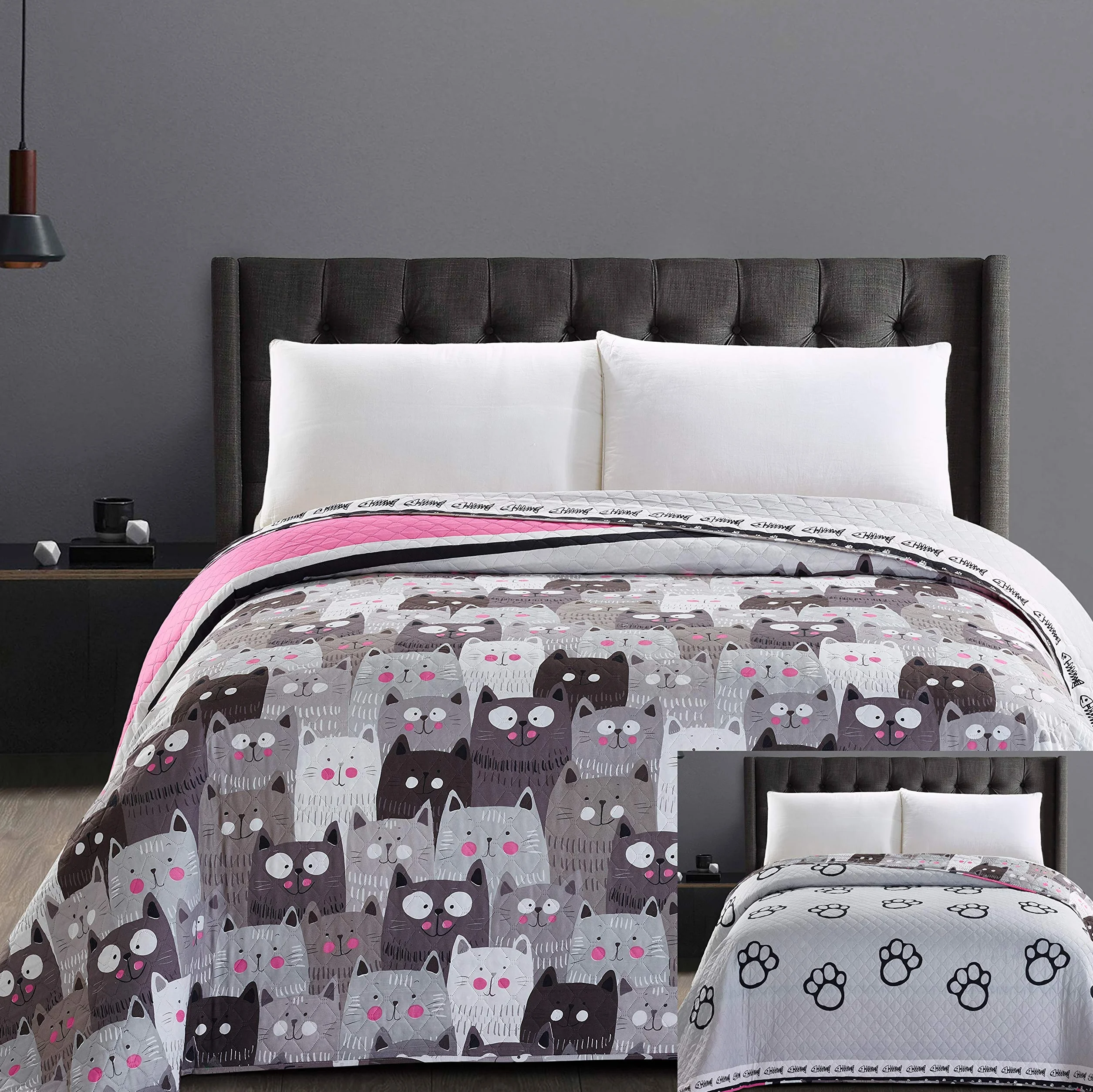 DecoKing 32343 Dwustronna pikowana narzuta na łóżko 200x220 cm z mikrofibry łatwa w pielęgnacji beżowy brązowy kakaobrązowy brązowy szary antracyt grafit czarny biały różowy koty Cats' Invasion