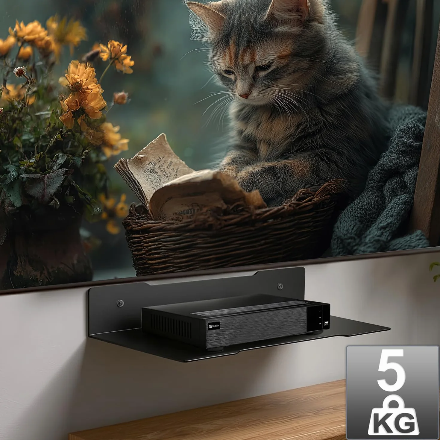 Maclean MC-122 Czarna stalowa półka ścienna, 300 x 205 mm, kompaktowy uchwyt 5 kg na dekoder, router, czyste prowadzenie kabli, łatwy montaż na ścianie