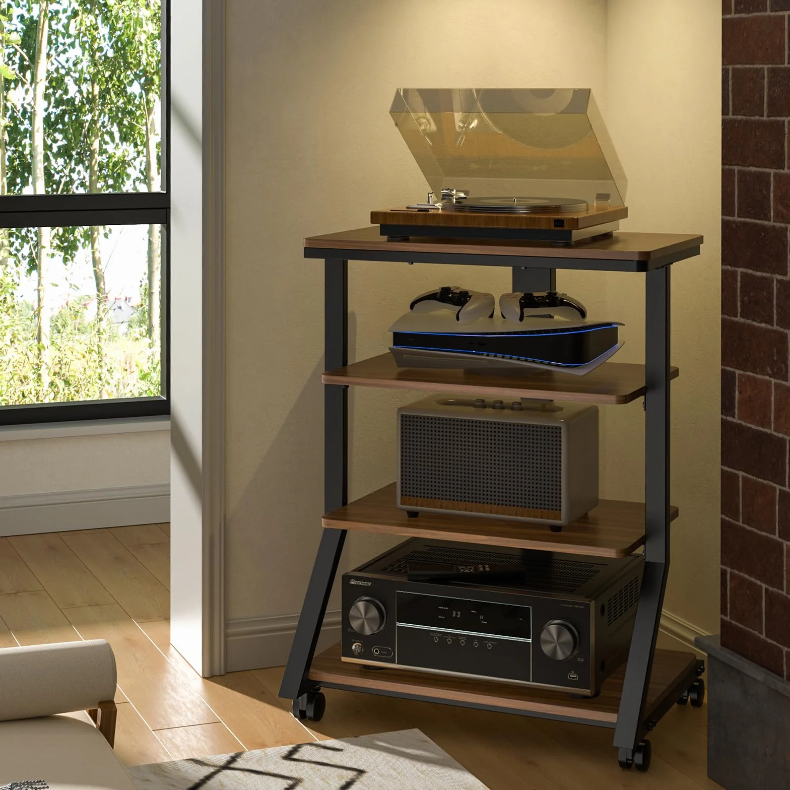 5Rcom Stojaki i stojaki HiFi stojak na audio, regał AV, stojak, 4 poziomy, drewniane półki na gramofon, odtwarzacz płyt DVD, jednostka rozrywkowa, wielofunkcyjna regulacja wysokości, nośność 54 kg