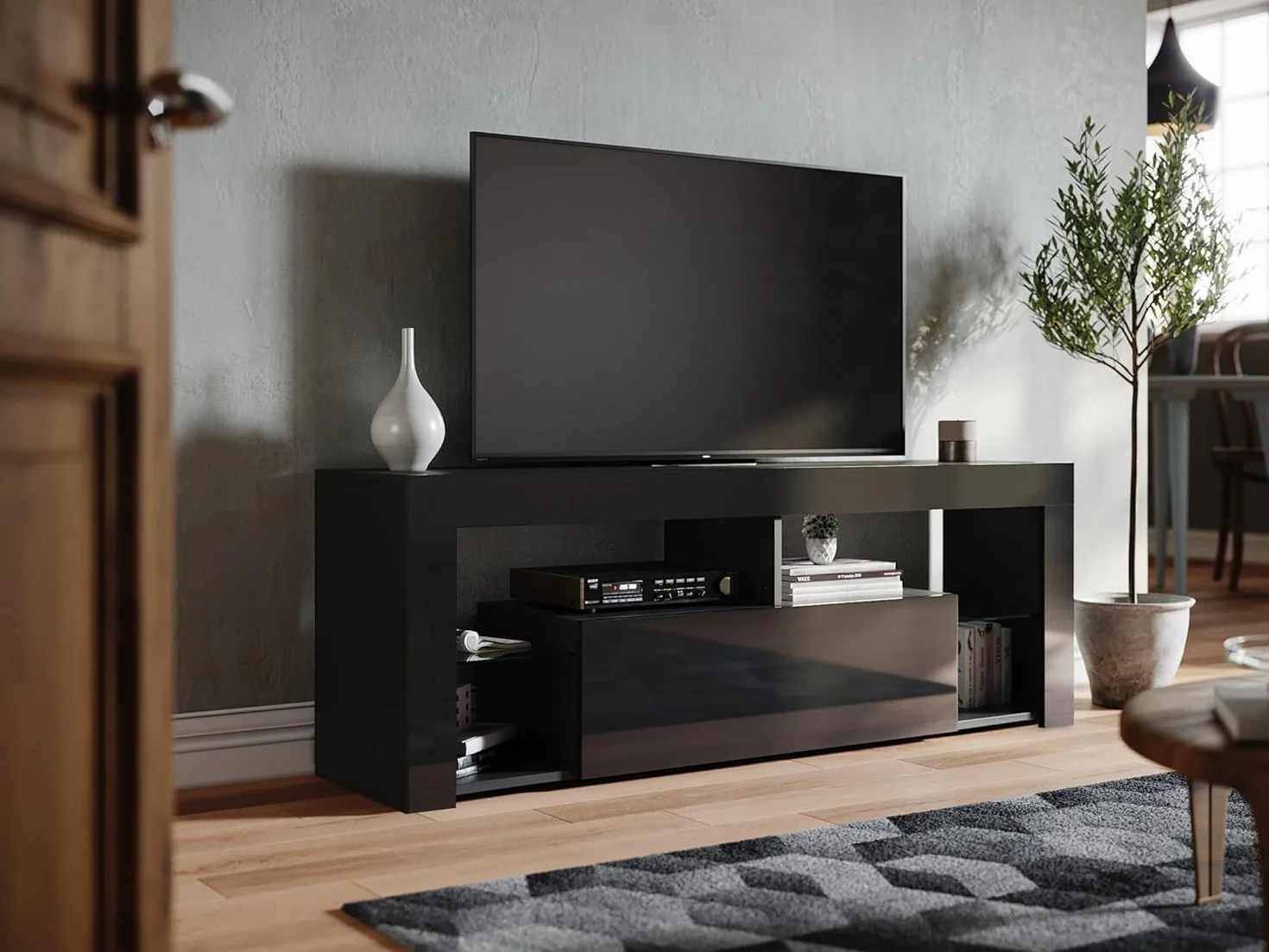 SONNI Czarna szafka pod telewizor z oświetleniem LED, wysoki połysk, z regałem szklanym, drzwi składane, bez uchwytów, kredens, szafka pod telewizor, 12 kolorów do ustawienia, 140 x 35 x 50,5 cm.