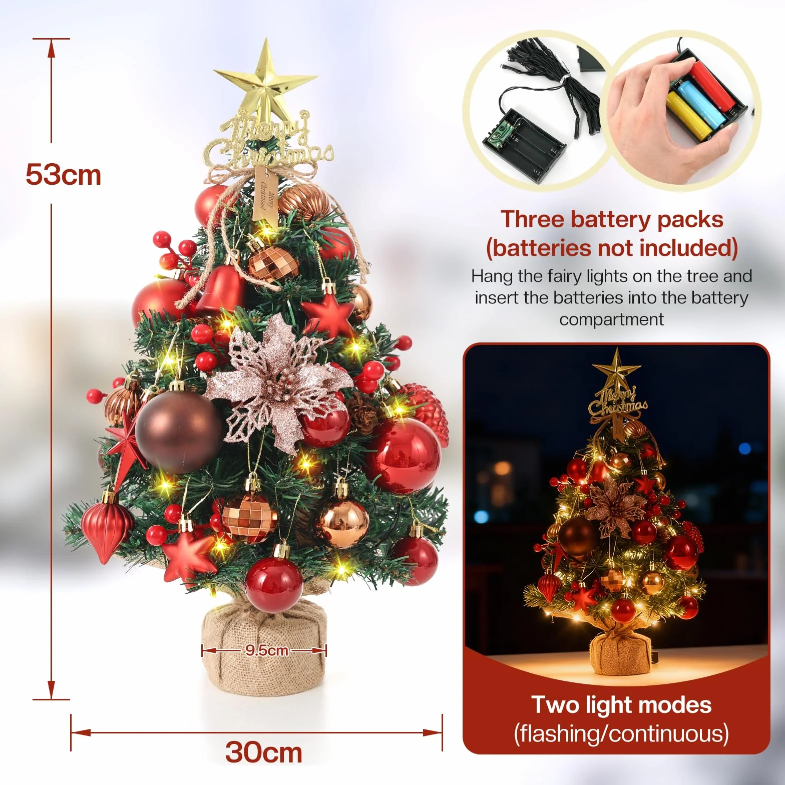 Mini choinka 45 cm, mała sztucznie wykonana choinka bożonarodzeniowa z oświetleniem LED, choinka na stół, mini choinka bożonarodzeniowa do dekoracji świątecznej