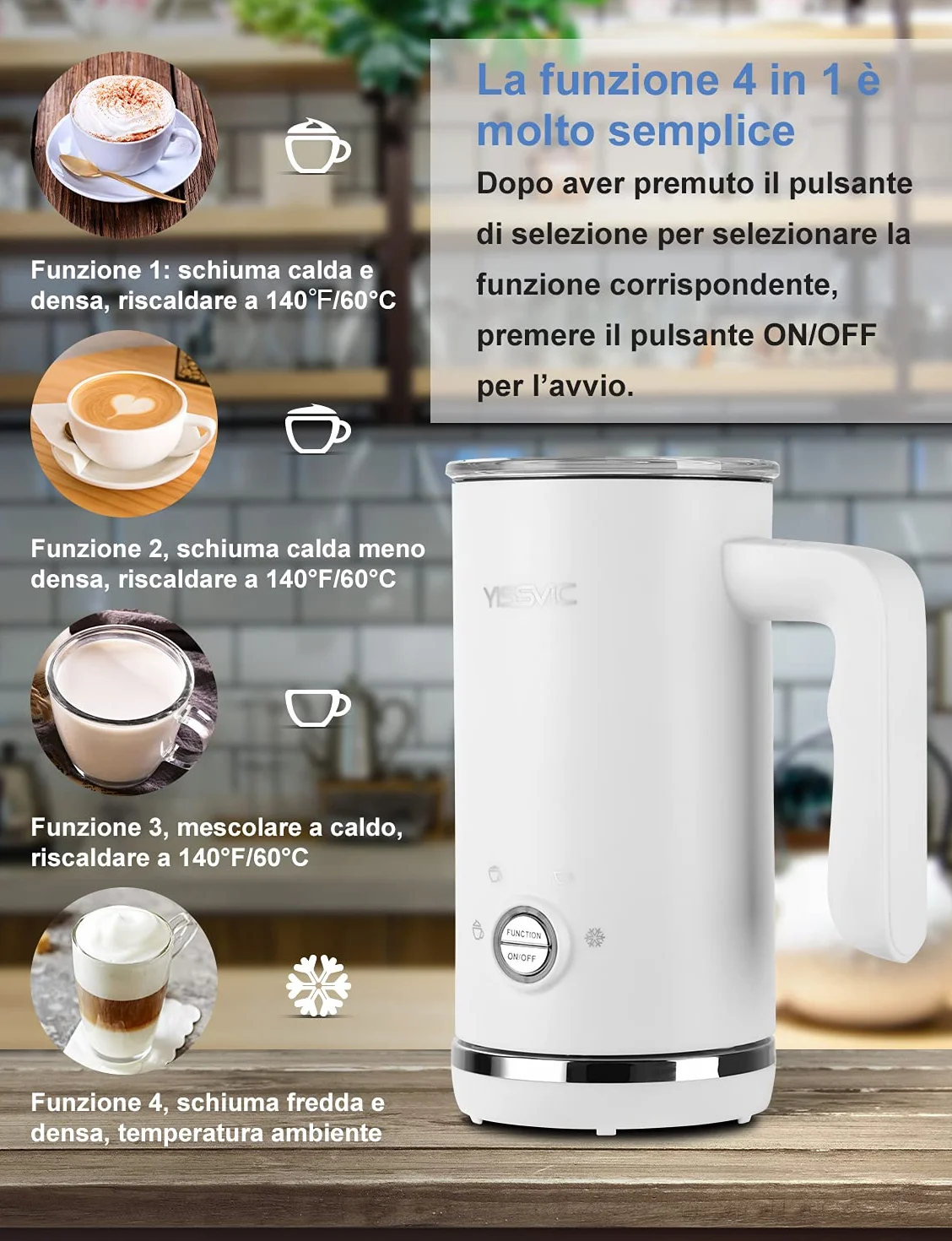 Yissvic 4-w-1 Elektryczny spieniacz do mleka 600W 300ml Stal nierdzewna spieniacz do mleka z nieprzywierającą powłoką do kawy, mleka, cappuccino, biały