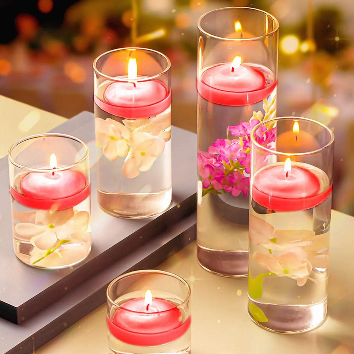 Pływające świece woskowe, białe, 38 sztuk, pływające świece, wodoszczelne świeczki typu tealight, ciepłe świeczki typu tealight na Walentynki, Boże Narodzenie, wesele, kolację (czerwone)