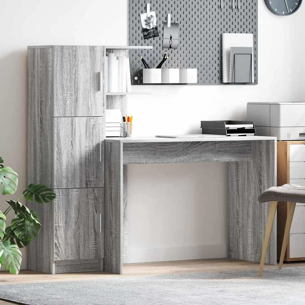 Biurko Sonoma szary materiał drewnopochodny z miejscem do przechowywania i regałem, 133,5 x 50 x 124 cm, 2-częściowe, ergonomiczne, nie zajmuje dużo miejsca, do biura, domowego biura i miejsca