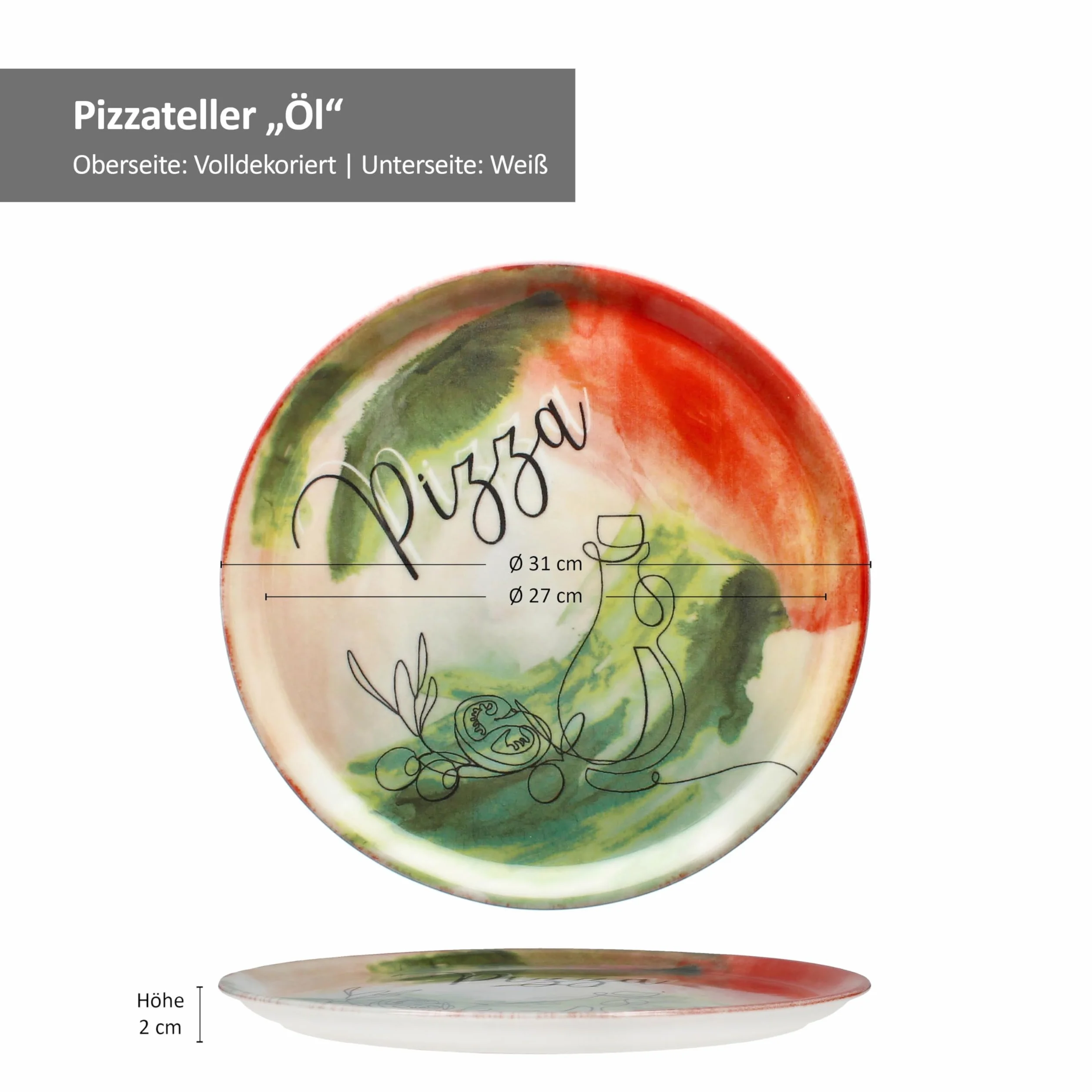 MamboCat Zestaw 4 talerzy do pizzy z warzywami i olejami, Ø 31 cm, dla 4 osób, duże talerze do pizzy z porcelany z dekoracją i napisem, do pizzy lub do przyrządzania I talerz obiadowy XL, półmisek do