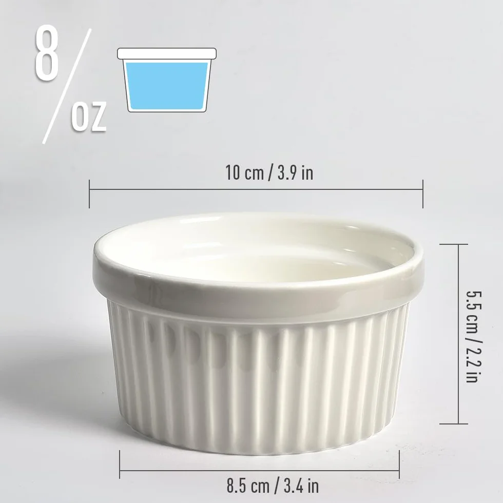 homEdge Porcelanowy zestaw Ramekins z pokrywką, 240 ml / 8 uncji, miska do lodów, Creme Brûlée Ramekins Soufflé, zestaw 6 sztuk, kolor biały