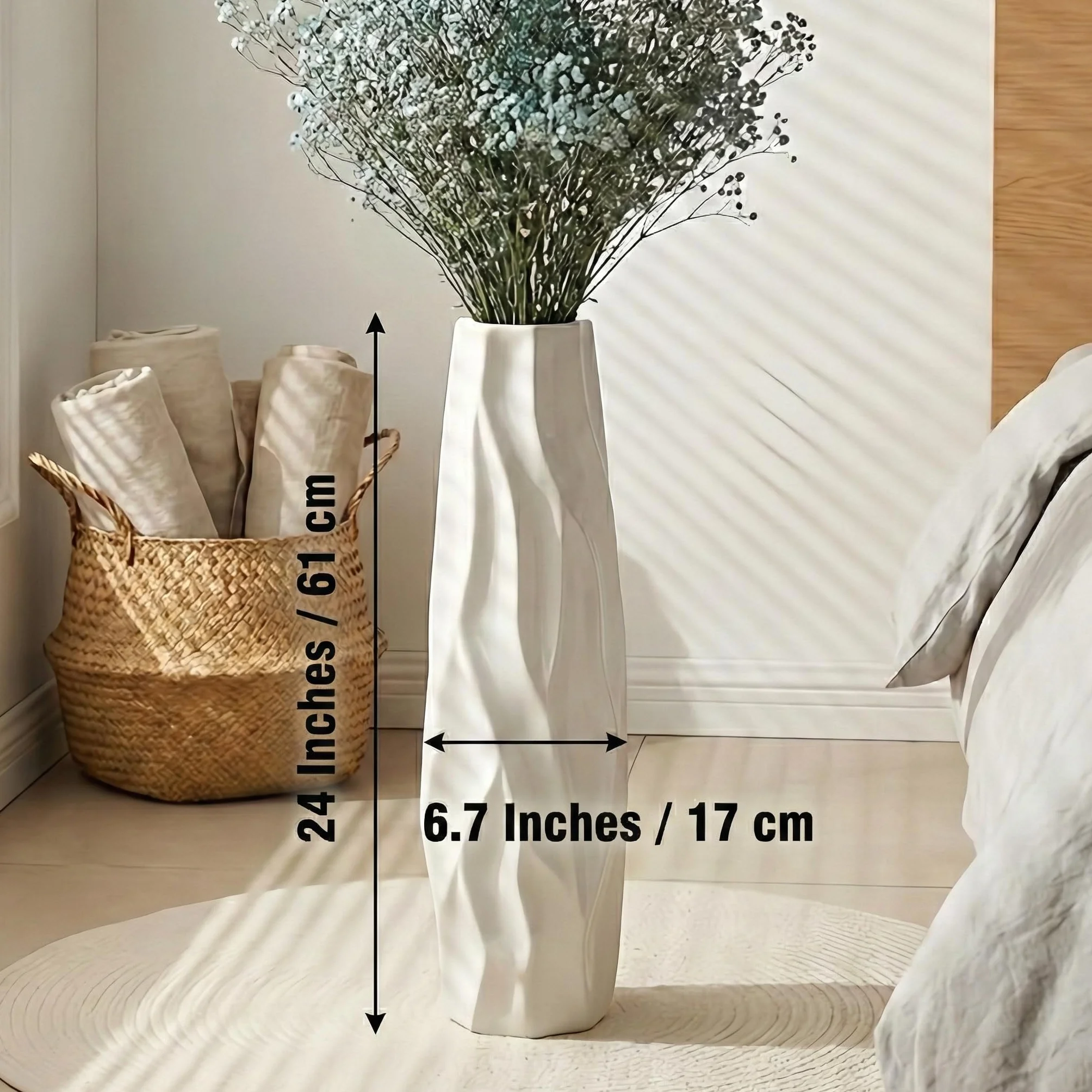 Duży biały wazon ceramiczny, 60 cm, dekoracyjny wazon podłogowy do salonu, biura i sypialni, stylowy wazon na kwiaty na trawę pampasową