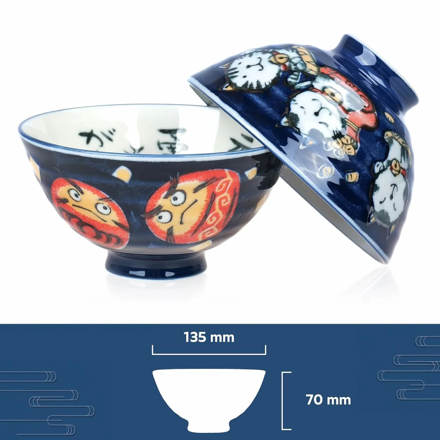 CoolChange Japońska miska na ryż Daruma i kot szczęścia | ręcznie malowana z porcelany | 2 szt. | miski ceramiczne | azjatyckie miseczki do jedzenia | 12 cm | nadaje się do kuchenki mikrofalowej i