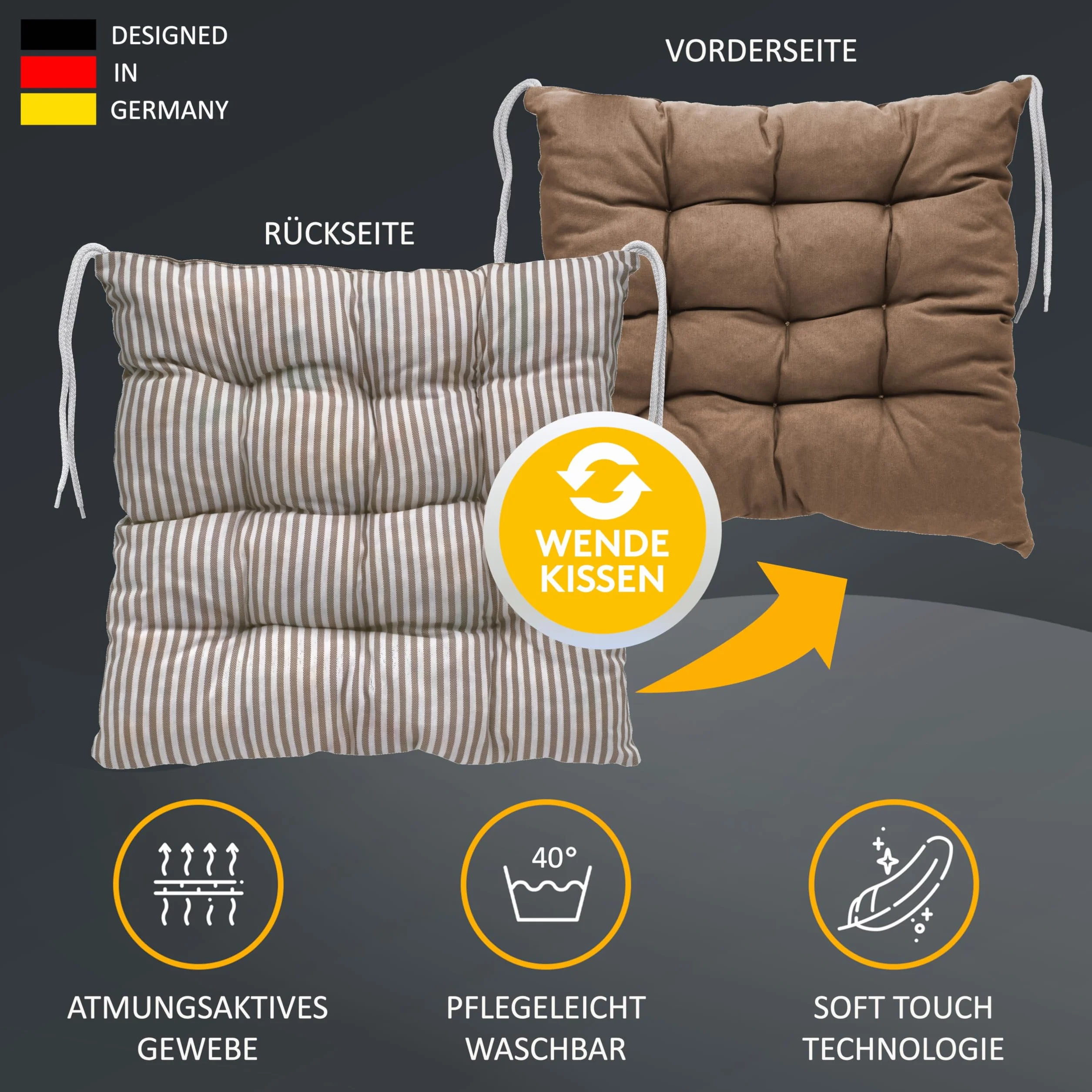 LILENO HOME Zestaw 2 dwustronnych poduszek na krzesło, brązowe (40 x 40 x 6 cm) – poduszki na krzesło ogrodowe, do kuchni lub jadalni – do użytku wewnątrz i na zewnątrz jako poduszka na krzesło (Linda