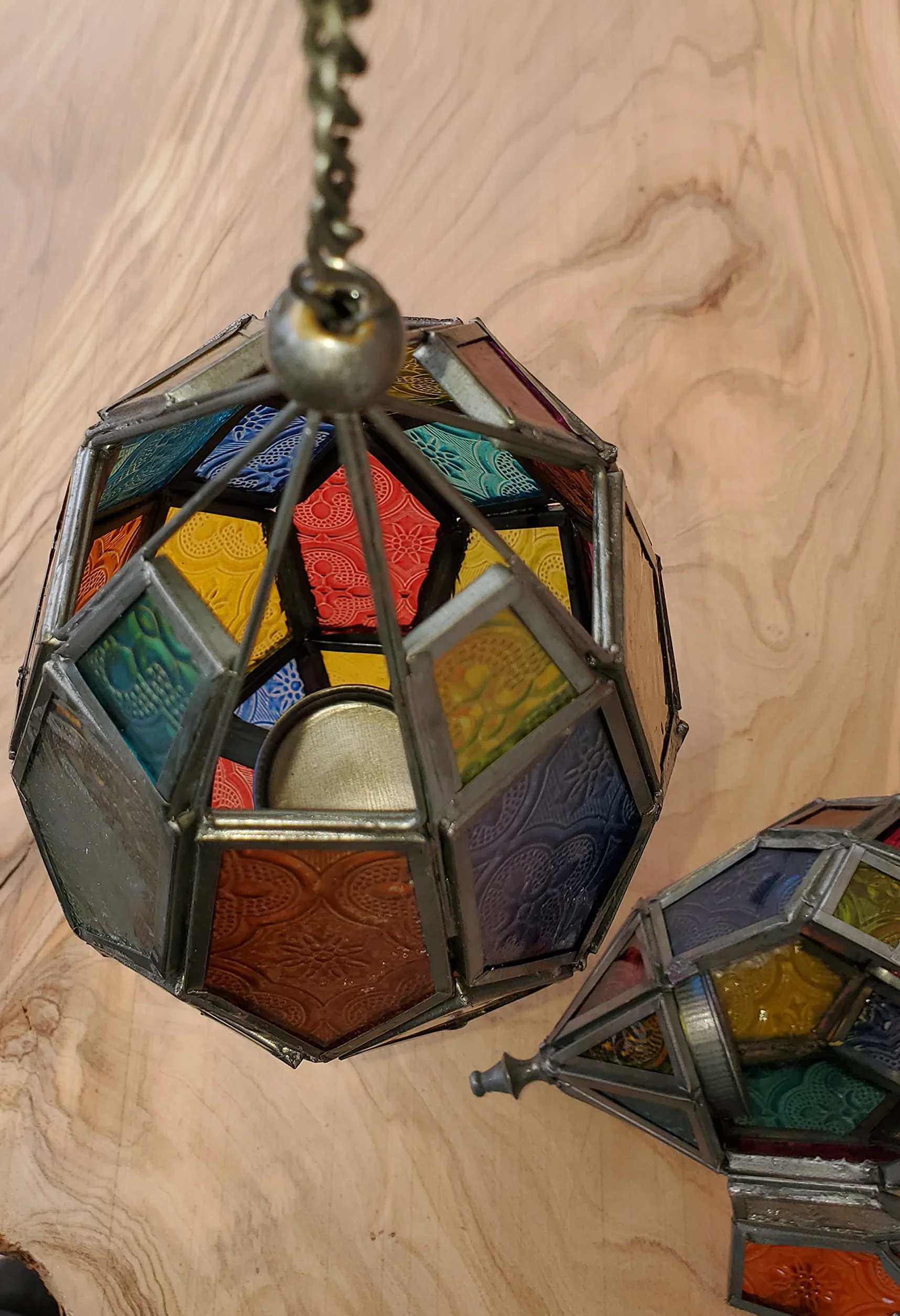 Wisząca szklana latarnia tealight w stylu marokańskim (duża zielona/niebieska)