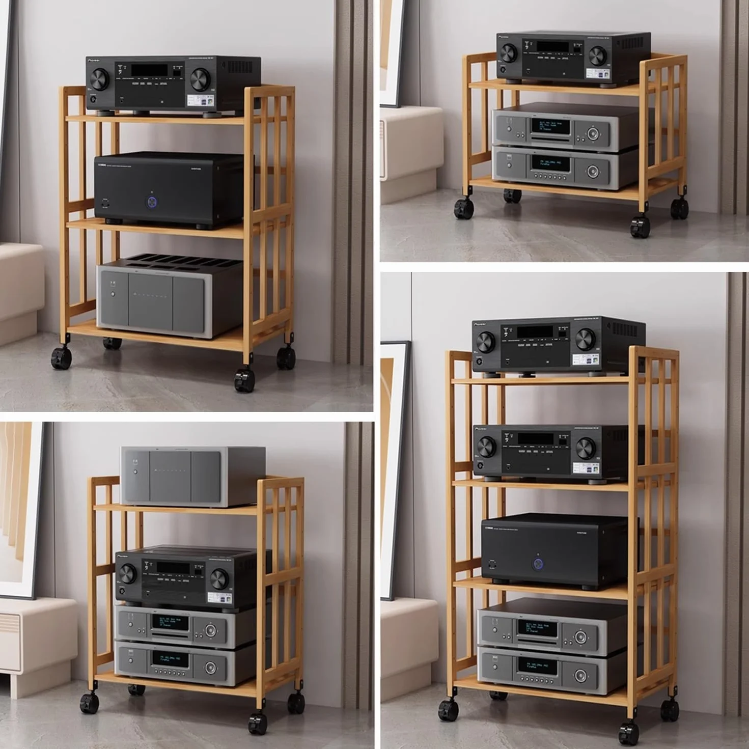 Stojak na sprzęt audio-wideo z 2/3/4/5 poziomami, szafka stereo z kółkami i regulowanymi półkami, bambusowy stojak na sprzęt HiFi do salonów, kin domowych, sypialni (szer., 2 poziomy – dł. 60*sze