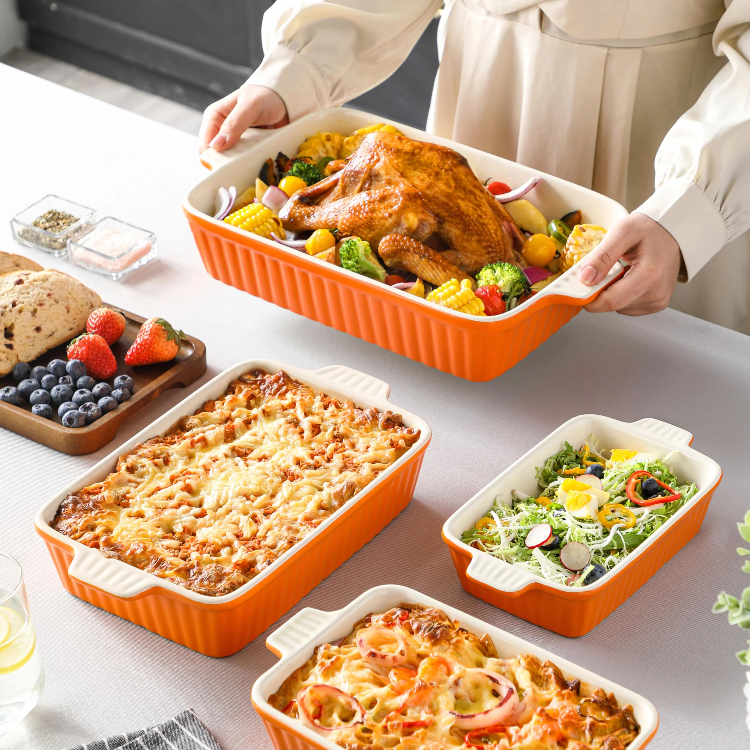 MALACASA Zestaw 4 porcelanowych naczyń do pieczenia, do piekarnika, naczynia do zapiekanek, ceramiczne, prostokątne, do pieczenia lasagne, do gotowania, ciasta, kuchni, pomarańczowe (24 cm/28 cm/31 cm