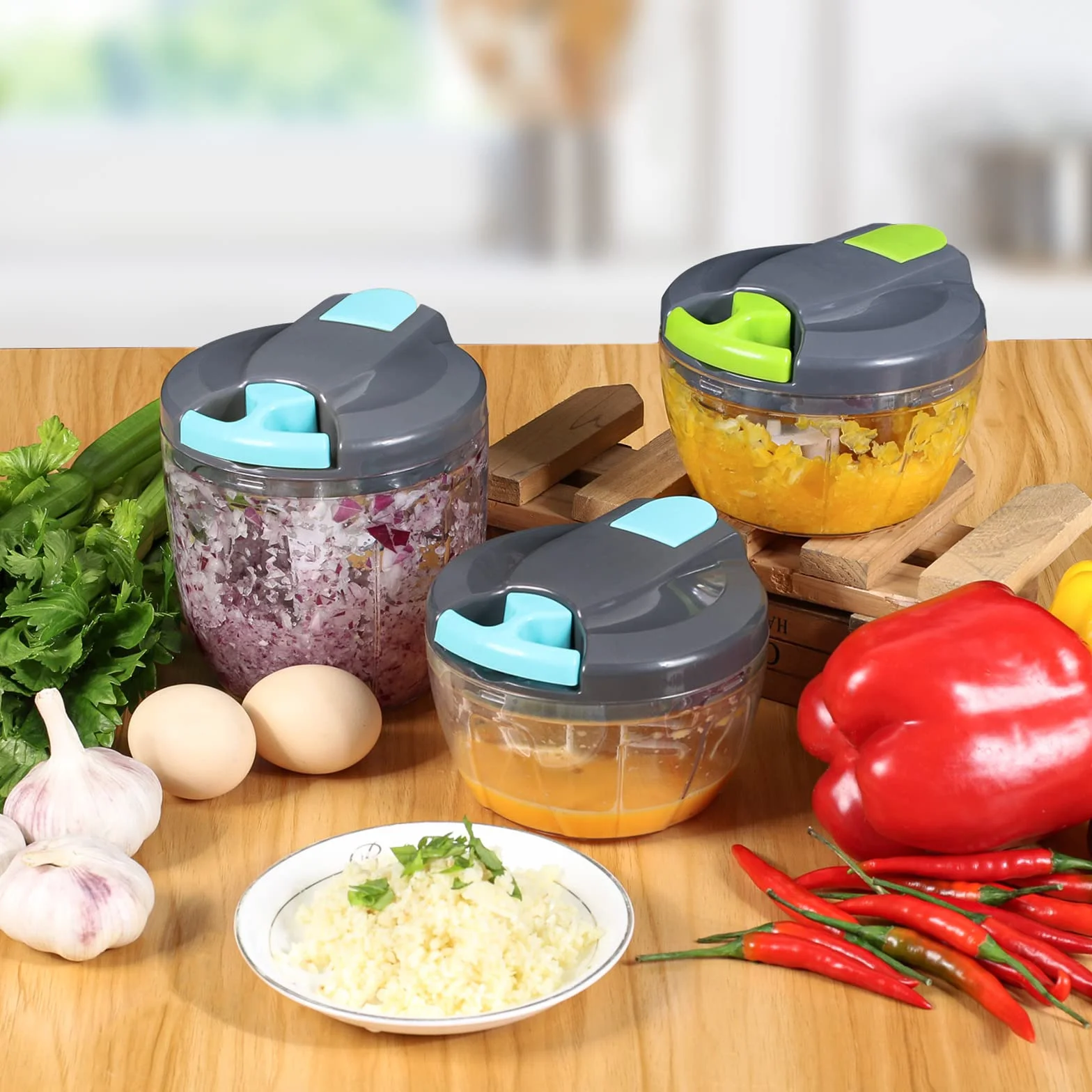Gucass Ręczna szatkownica do cebuli, 900 ml, rozdrabniacz do cebuli, warzyw, ręczna rozdrabniarka do warzyw, cebuli, czosnku, imbiru, orzechów, szaro-niebieska
