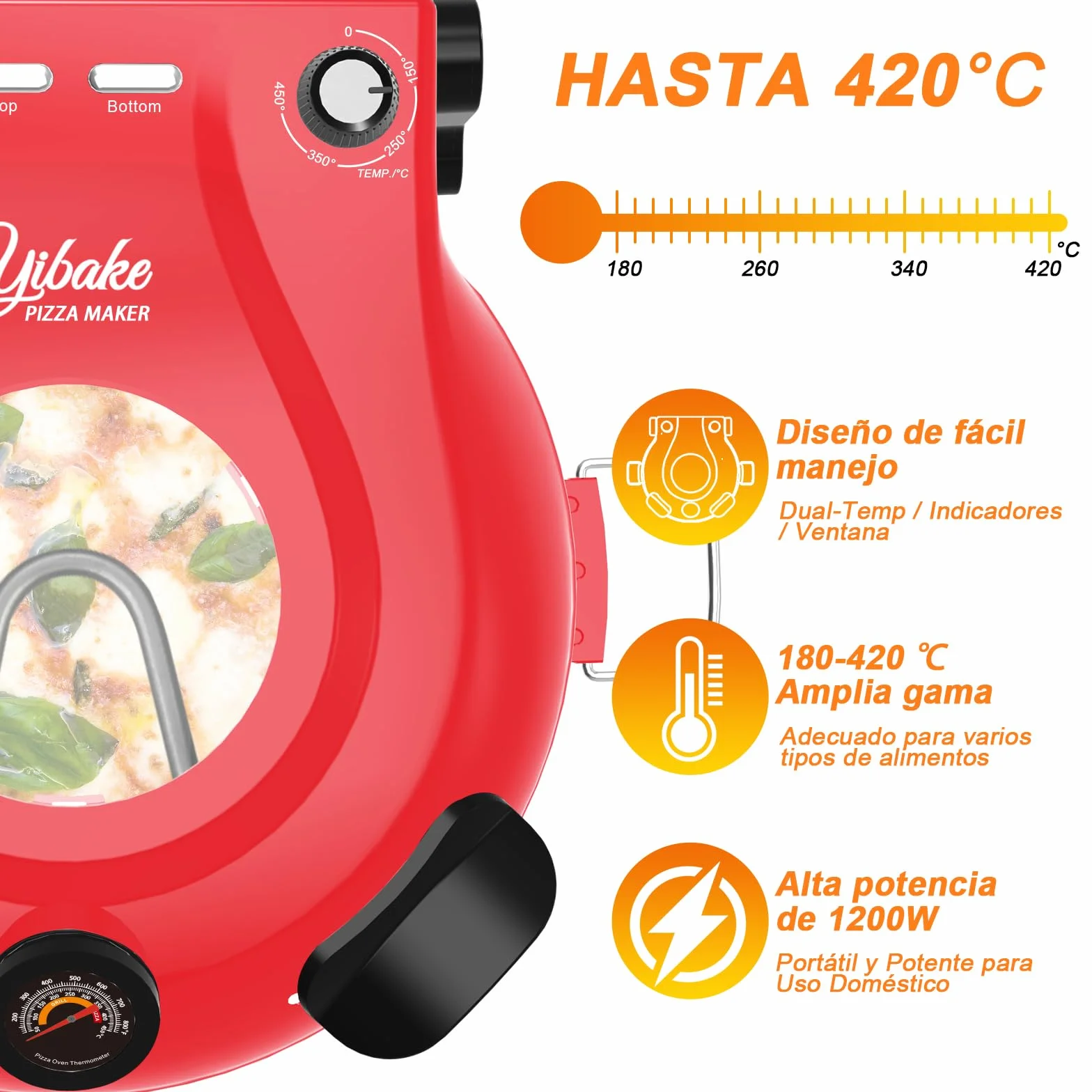 elektryczny piec do pizzy w 4 minuty, płyta ogniotrwała 32 cm, 1200 W, 5 trybów pracy, maks. temperatura 420°C