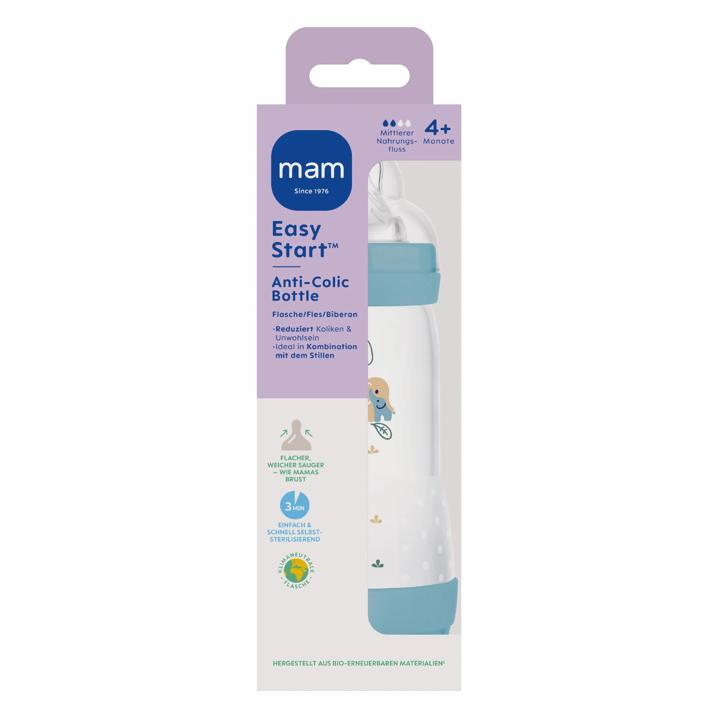 MAM Easy Start Anti-Colic butelka dla niemowląt (320 ml), wyjątkowo dobrze akceptowana butelka na mleko, butelka na napoje dla niemowląt z zaworem dolnym przeciwko kolce i ssaniu, rozmiar 2, 4+