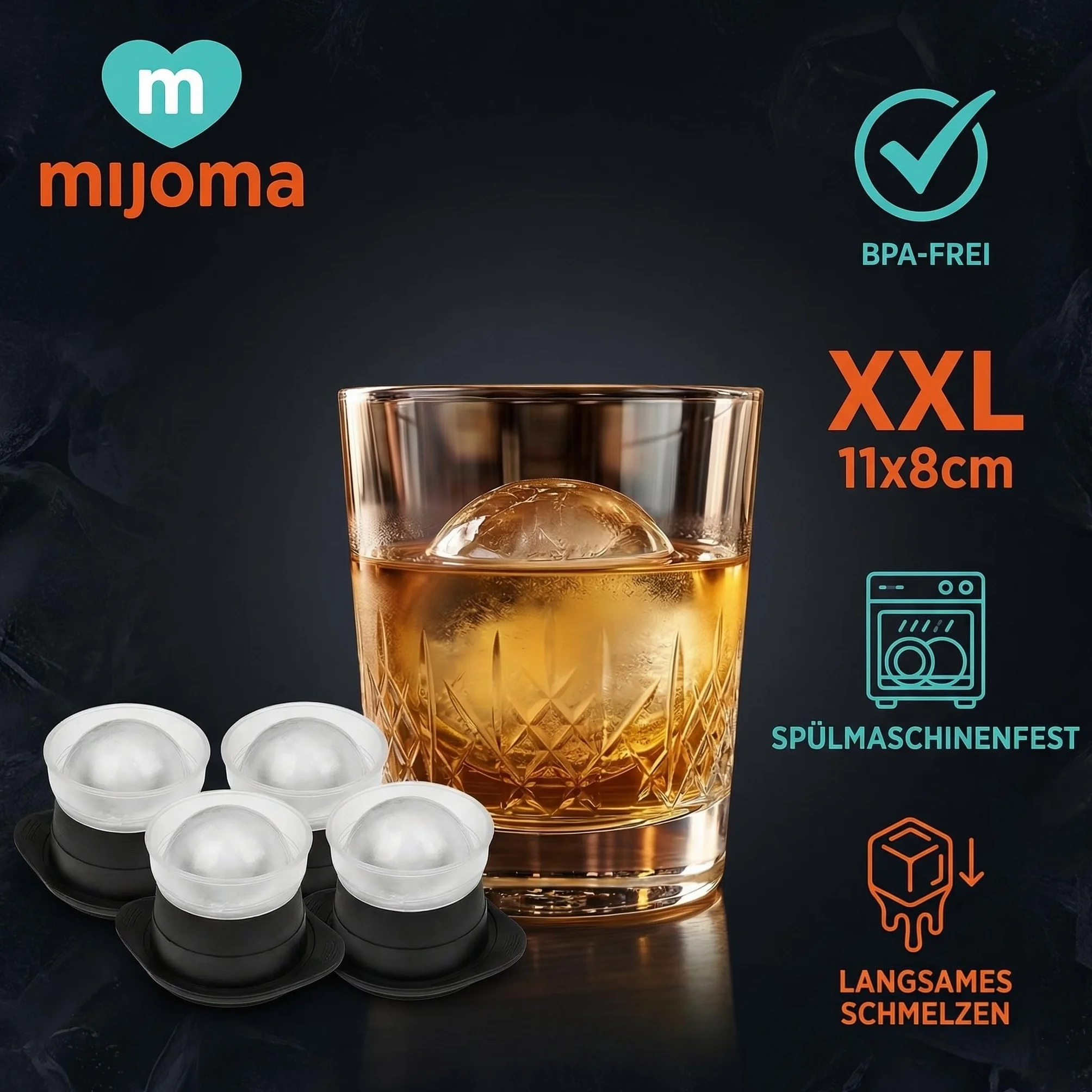 MIJOMA Foremka do kulek lodowych XXL, silikon bez BPA, nadaje się do mycia w zmywarce, do koktajli, whisky, longdrinków (11 x 8 cm, 8 sztuk)