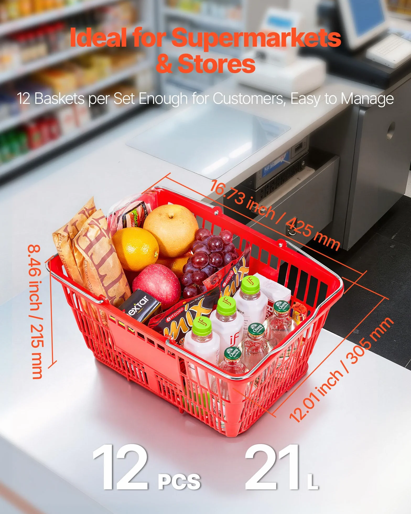 VEVOR Kosze na zakupy, 12 szt., 21 l, plastikowe kosze spożywcze PE z metalowymi uchwytami, gęsta struktura siatki, nośność do 9 kg, przenośne, do artykułów spożywczych, sklepów, supermarketów, użytku