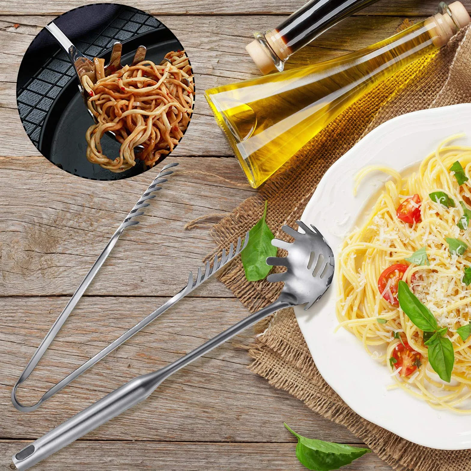 Zestaw do serwowania spaghetti, łyżka do makaronu ze stali nierdzewnej, szczypce do spaghetti, srebrne szczypce do serwowania ze stali nierdzewnej, nadają się do mycia w zmywarce, nadają się do