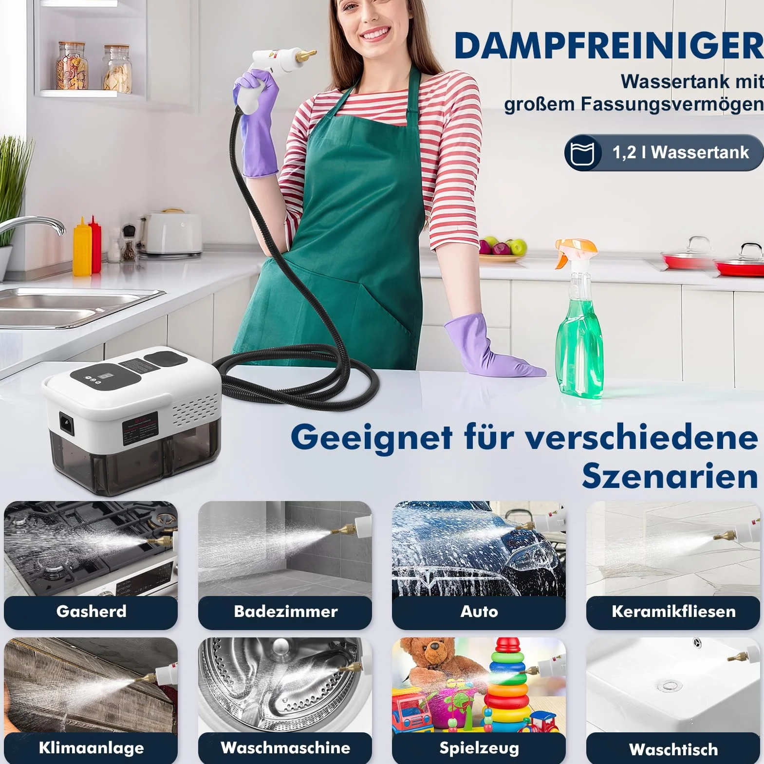 Myjka parowa do domu i samochodu, 9-stopniowa regulacja pary, 2500 W, duży zbiornik 1,2 l, szybkie nagrzewanie w 10 sekund, z 9 akcesoriami, do podłogi, kuchni, okien, łazienki, samochodu