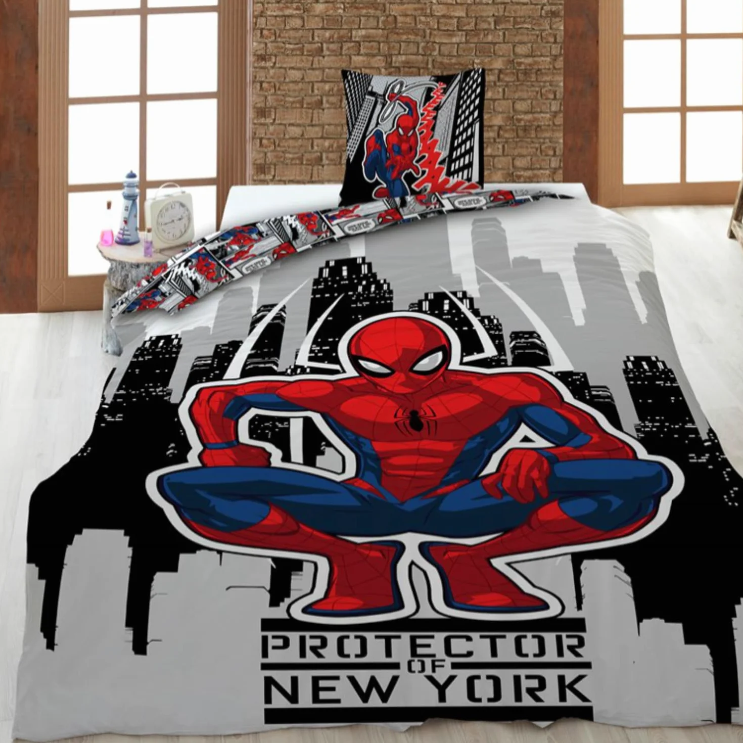 Zestaw pościeli Spiderman New York, dla 1 osoby, dwustronna poszwa na kołdrę 140 x 200 cm + poszewka na poduszkę 65 x 65 cm, bawełna poliestrowa