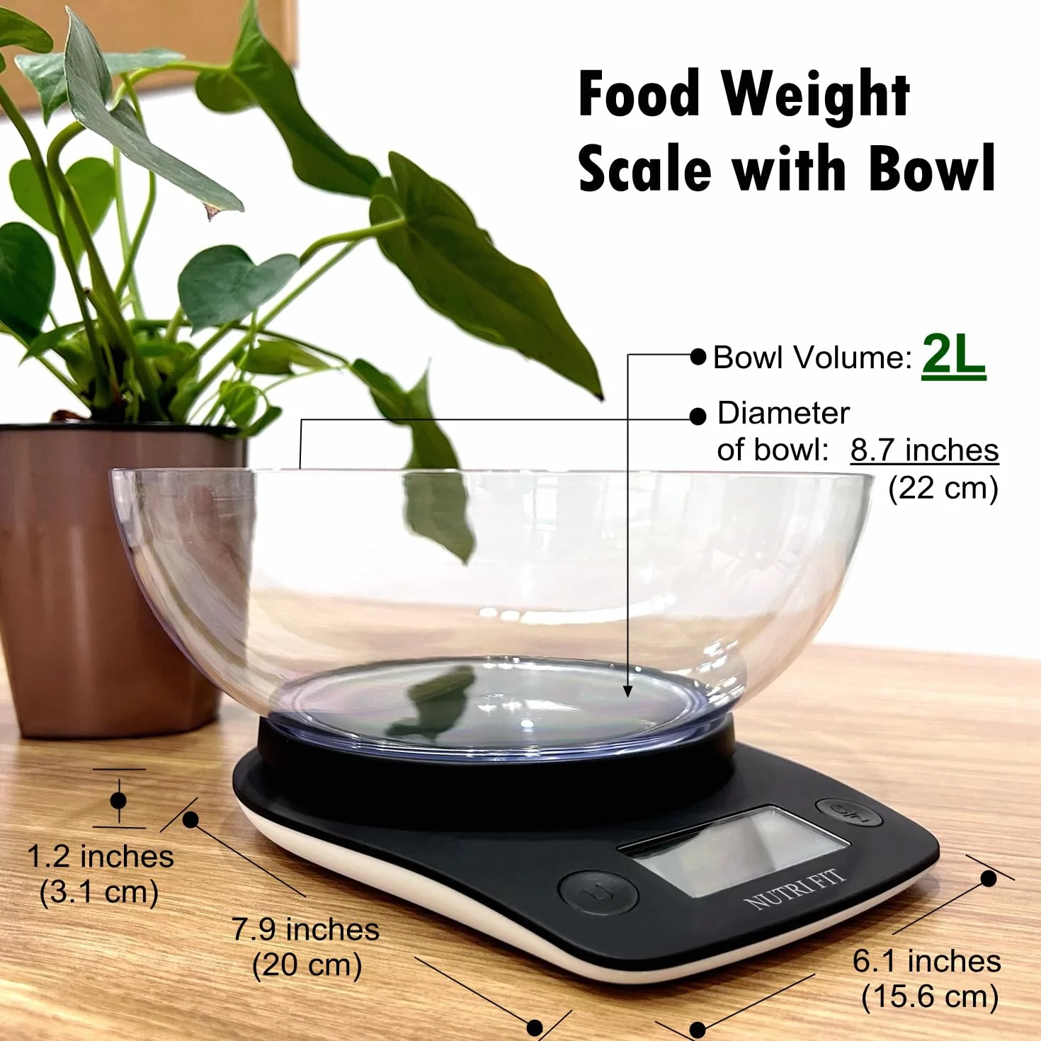 NUTRI FIT Cyfrowa waga spożywcza z miską 2 l, waga kuchenna 5 kg, cyfrowa waga do gotowania, pieczenia, uncji i gramów, 4 jednostki z precyzją 0,1 uncji / 1 g, duży wyświetlacz LCD, czarna