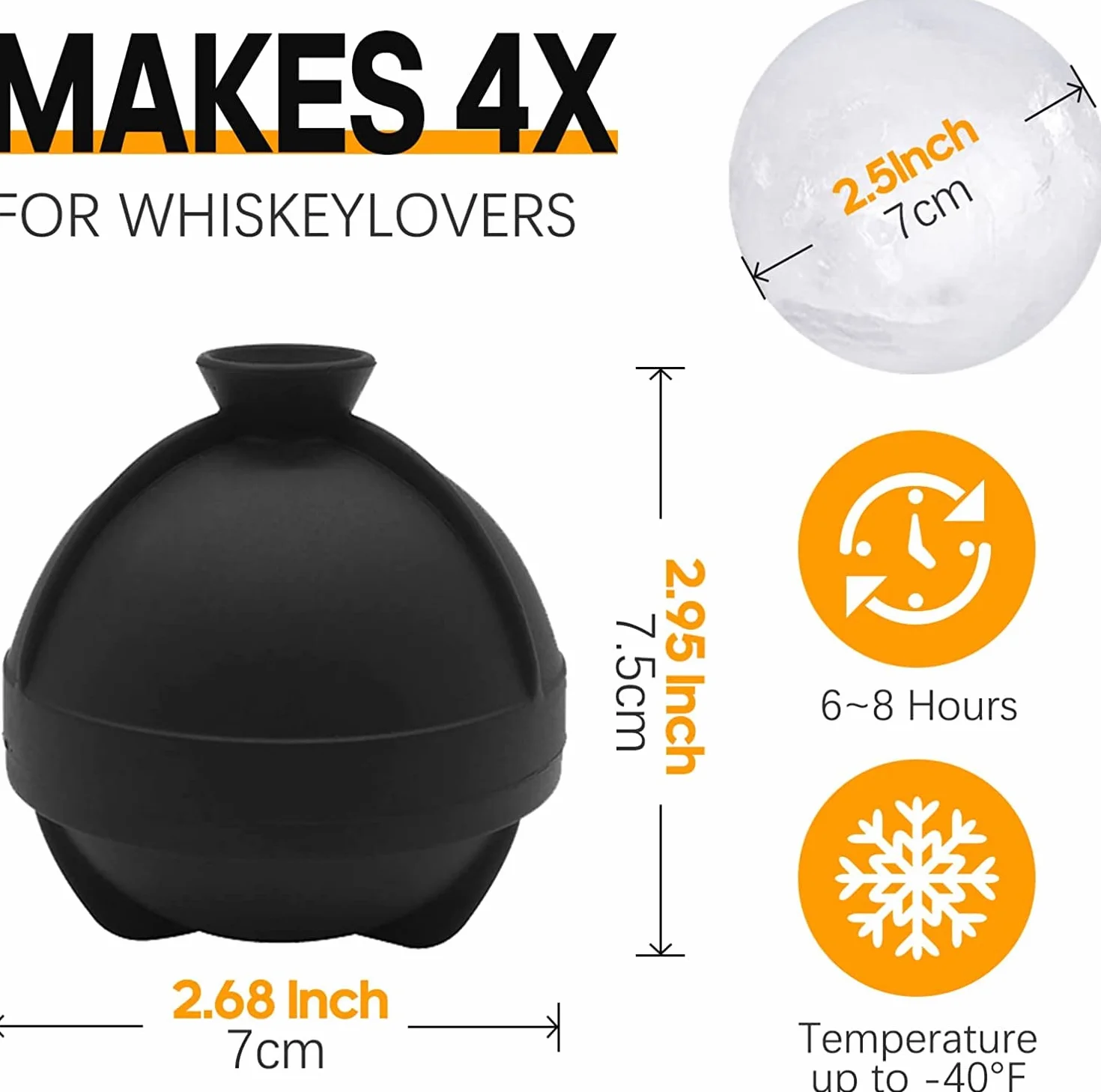 BOCHION Silikonowa forma do kulek lodowych, 4 sztuki, 6 cm, duża, okrągła taca na kostki lodu z pokrywką lejka, do zamrażarki, whisky, koktajli, napojów, łatwe uwalnianie foremek do kostek lodu