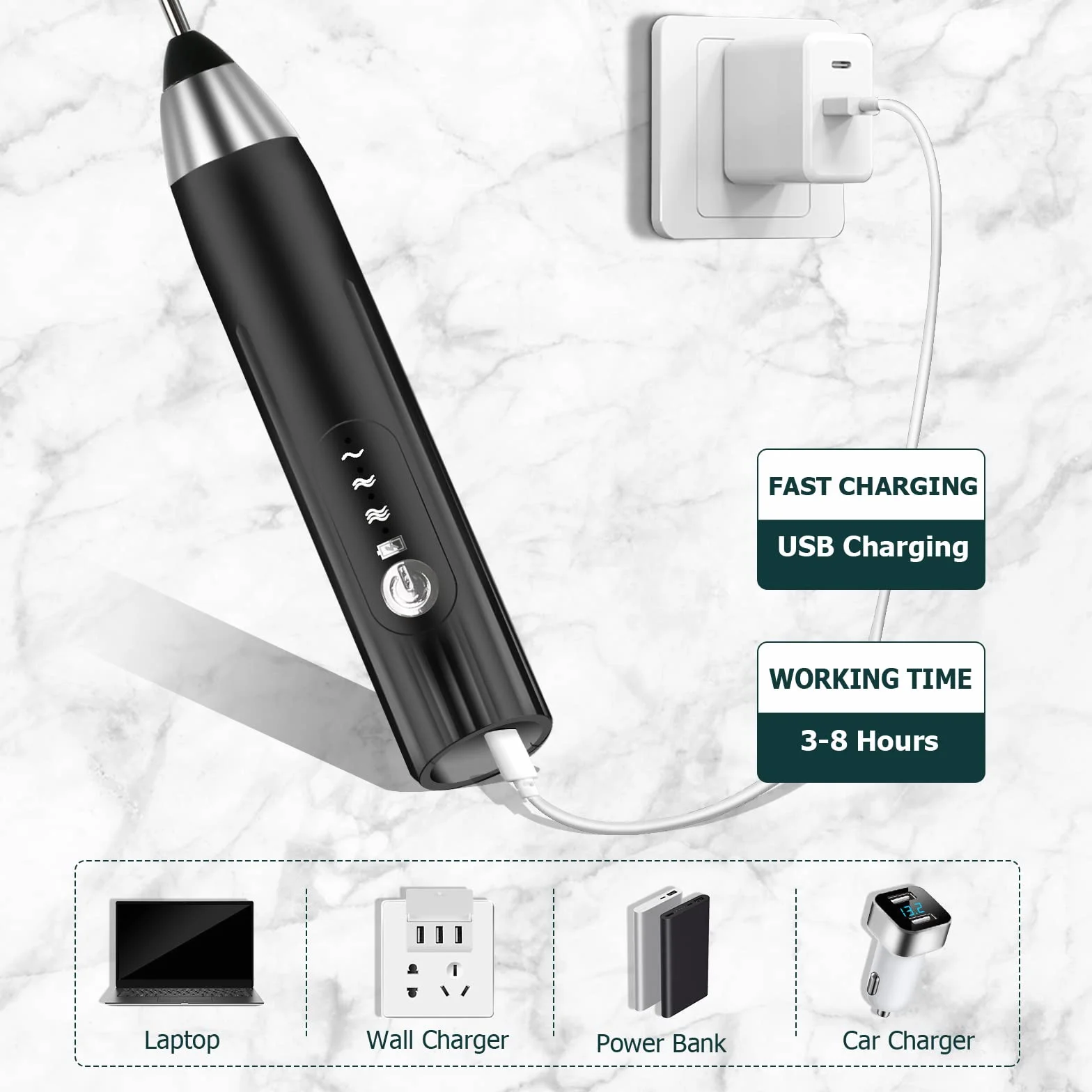 Spieniacz do mleka ładowany przez USB, elektryczny ręczny spieniacz do mleka, 3-biegowa pianka mleczna z trzepaczką do jajek, do kawy, matchy, gorącej czekolady, kremu, sosów, ciast, ze stali