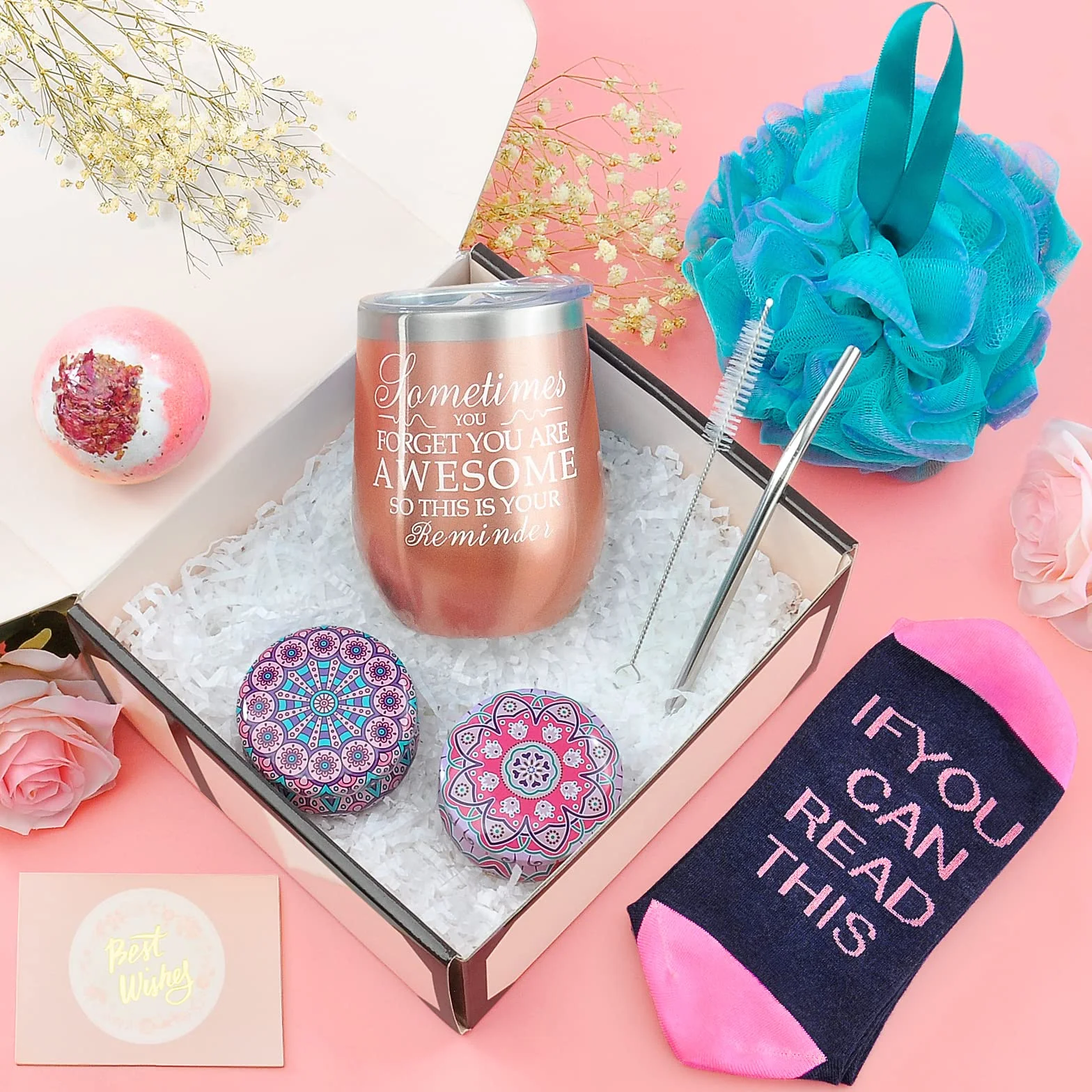 Wine Gifts for Women Wine Insulated Tumbler Prezent urodzinowy dla miłośników wina Boże Narodzenie Gift Basket Box dla mamy żony siostry dziewczyny Otwieracz do butelek Loofah Loofah Rose Gold