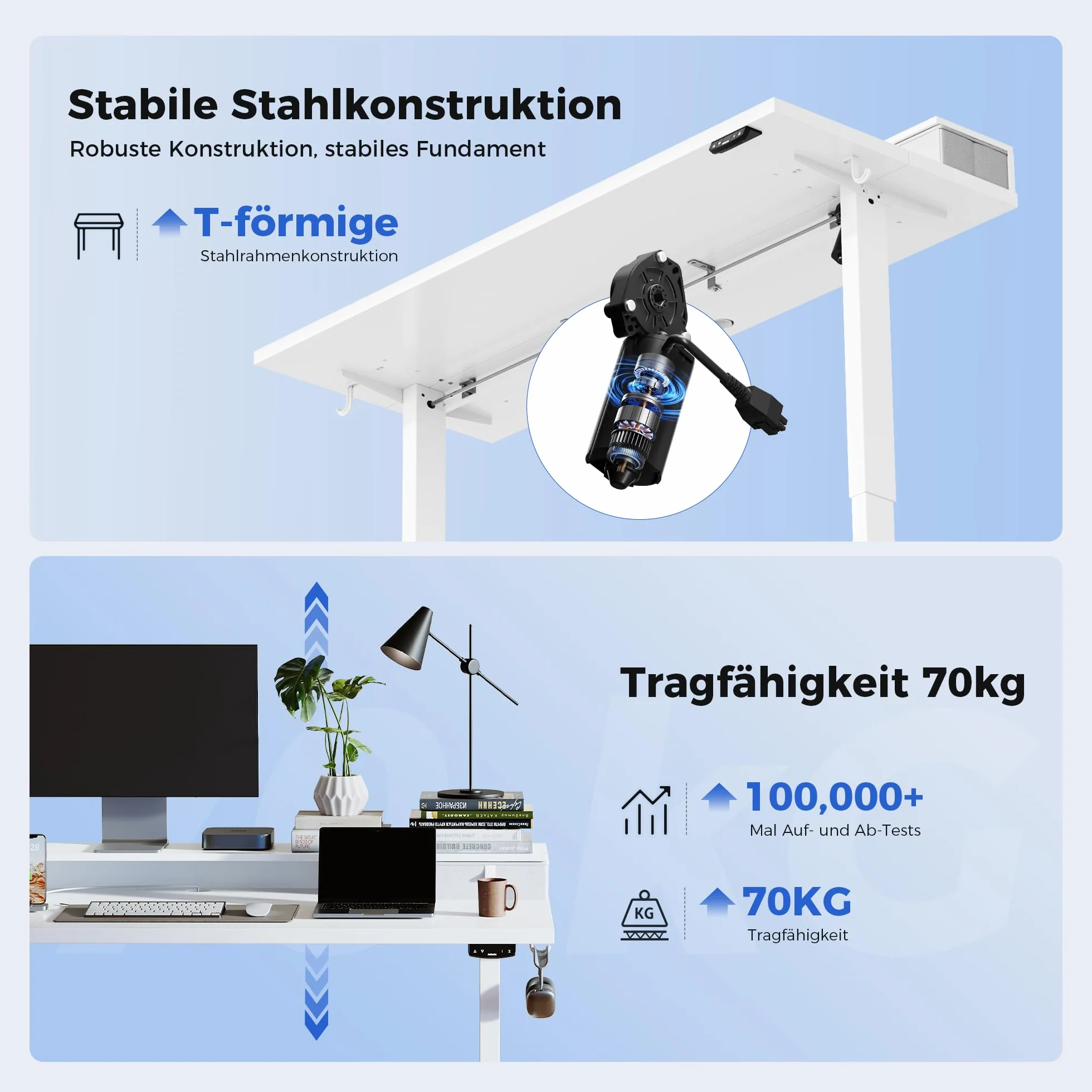 Agilestic Biurko z regulacją wysokości i 2 szufladami, stabilne, elektryczne ustawienie wysokości, ergonomiczne biurko komputerowe do pracy na siedząco i stojąco, 100 x 60 cm, białe