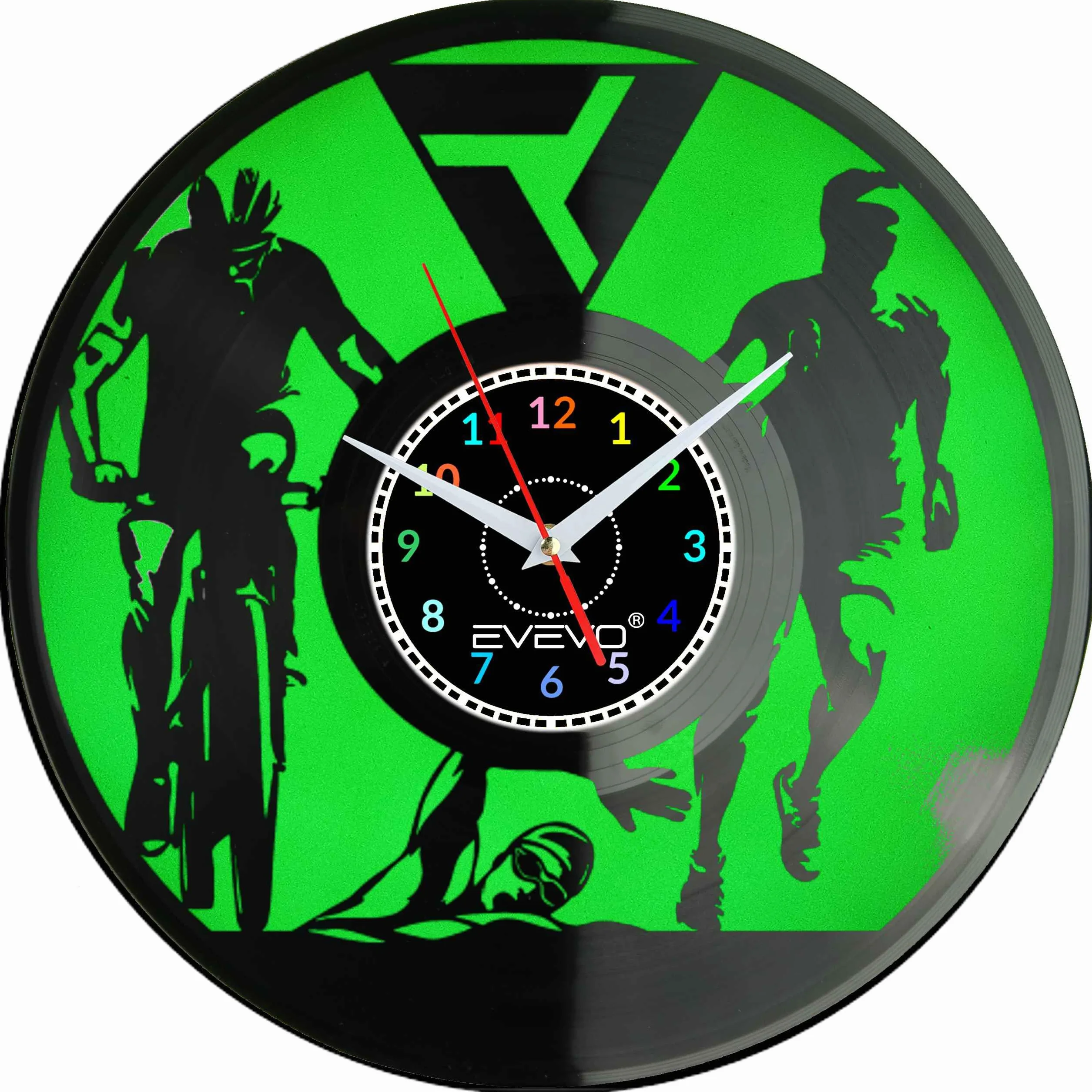 ZEGAR ŚCIENNY IRONMAN TRIATHLON FLUORESCENCYJNE TŁO PŁYTA WINYLOWA PREZENT UPOMINEK URODZINY GIFT SOUVENIR F0052