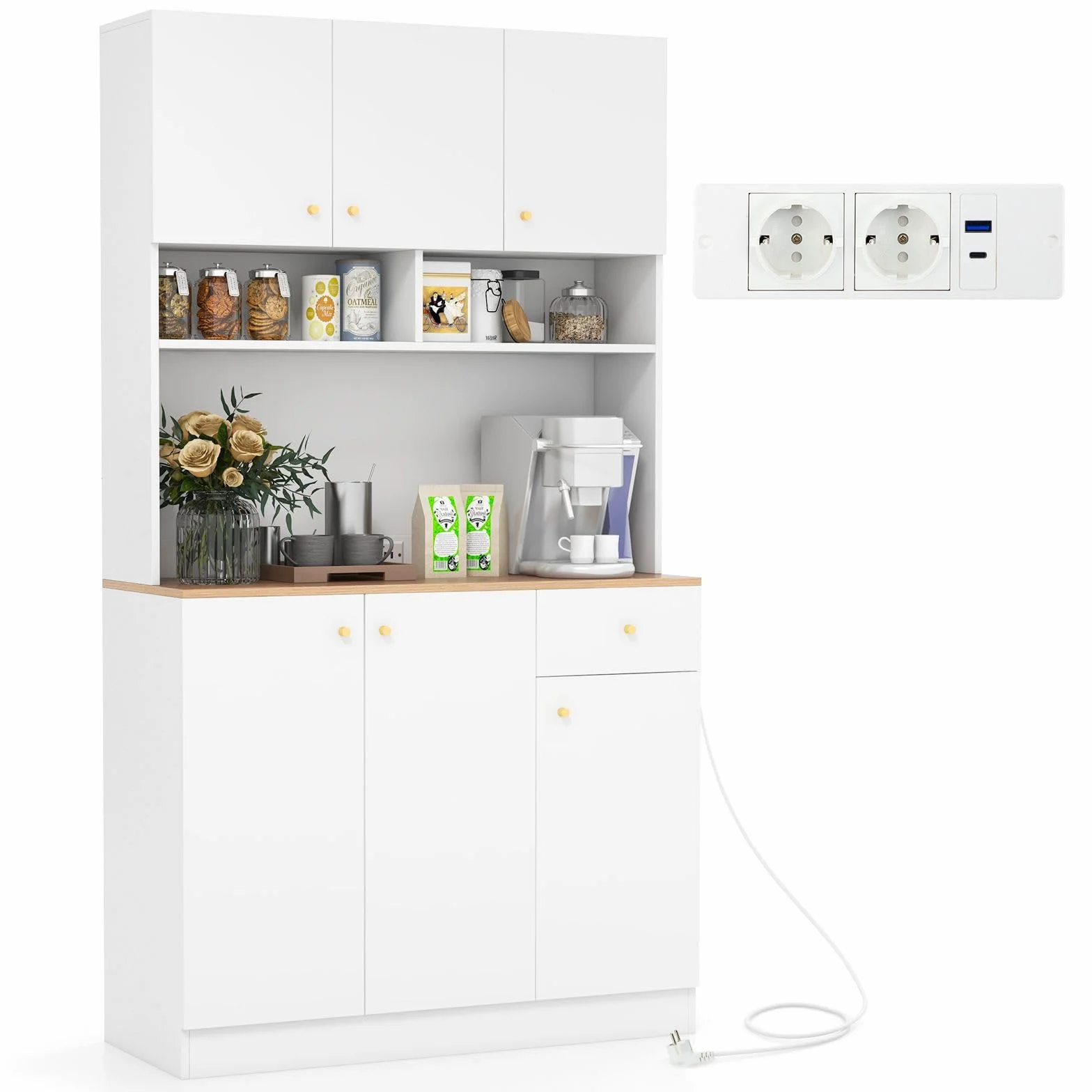 COSTWAY Drewniana szafka kuchenna, szafka bufetowa z gniazdami wtykowymi i portami USB i typ C, wysoka szafka kuchenna z regulowanymi półkami, szafka do przechowywania do kuchni, salonu, 100 x 40 x