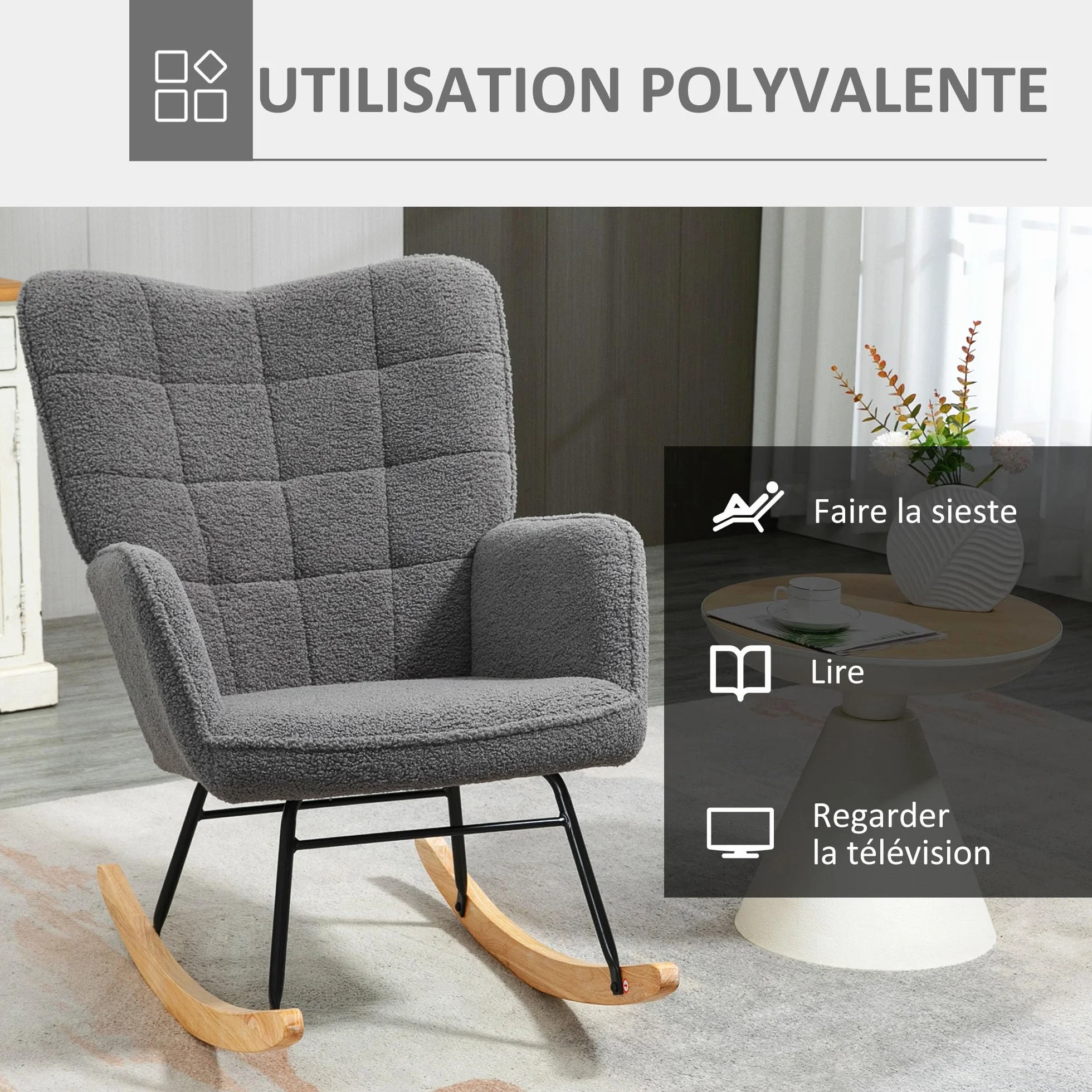 HOMCOM Fotel Bujany, Pokrycie Koziołka, Fotel Laktacyjny, Konstrukcja Stalowa, Nogi z Litego Drewna, Ciemnoszary