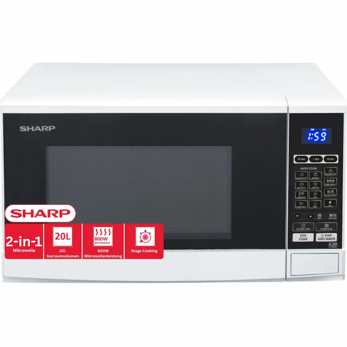 SHARP R670W kuchenka mikrofalowa 2 w 1 z grillem (20 l, 800 W, grill 1000 W, 10 poziomów mocy, 13 automatycznych programów AutoCook, timer) / biała