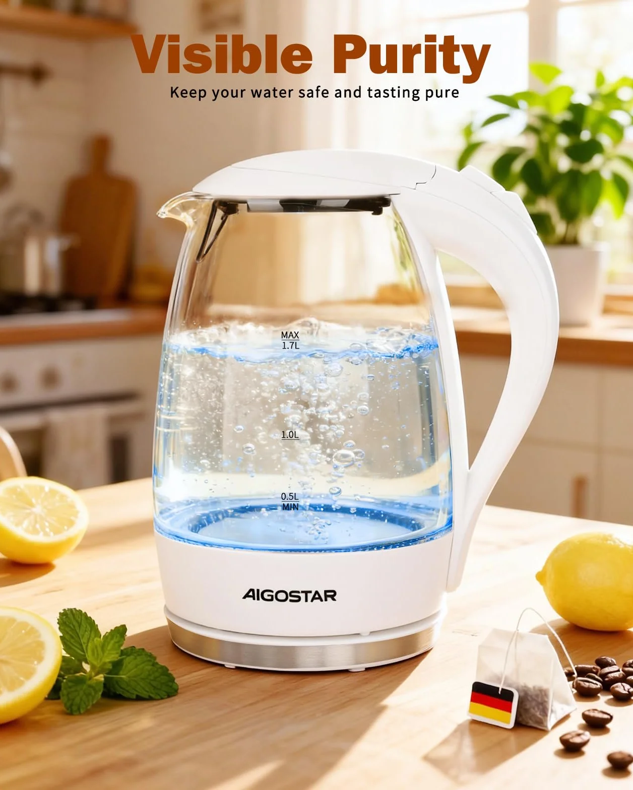 Aigostar Eve 30GON- Szklany czajnik z podświetleniem LED, 2200W, 1.7 L. Zabezpieczenie przed przegrzaniem, BPA Free, Biały ekskluzywny projekt