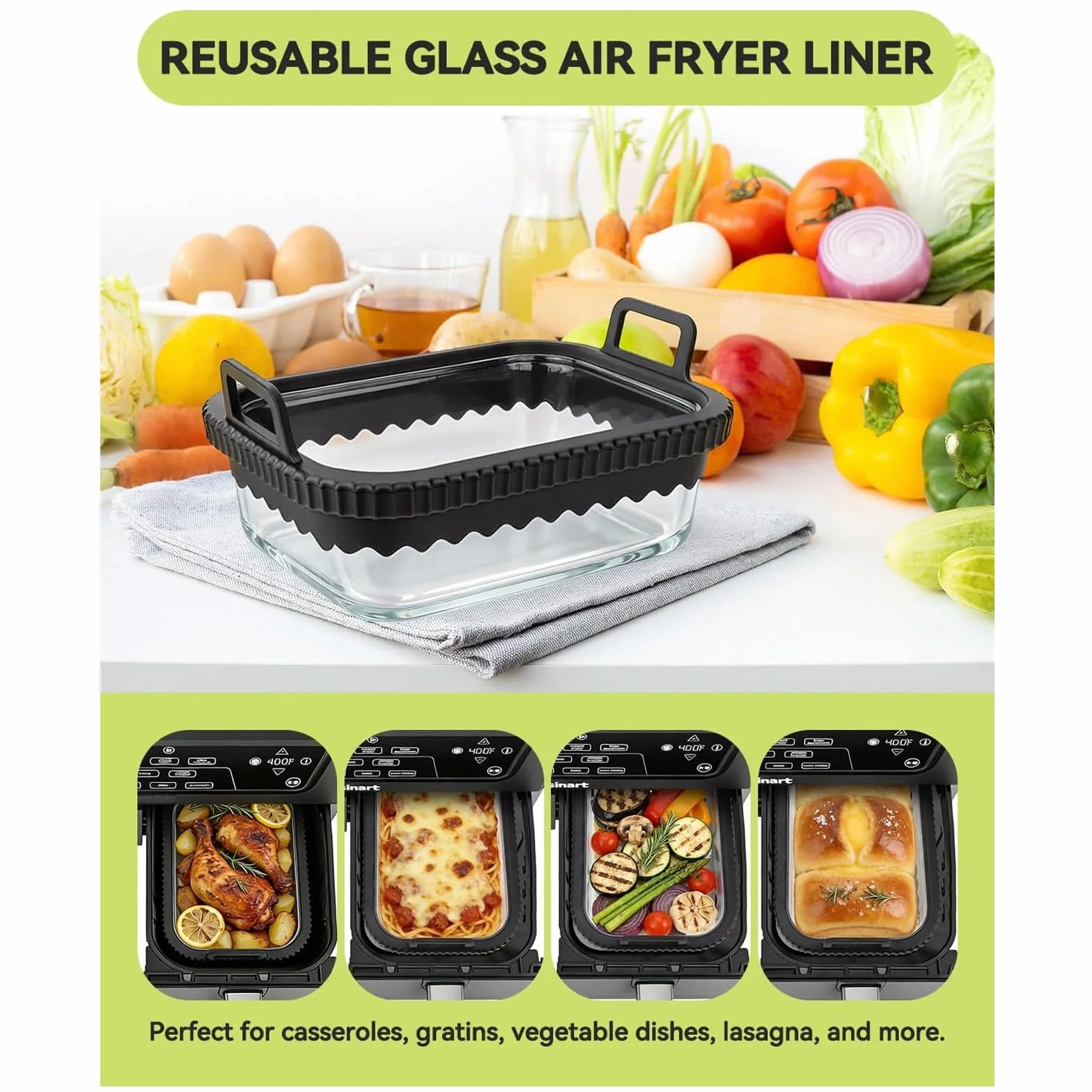 1 x szklana forma do zapiekanek Airfryer do Ninja Cosori z podwójną komorą (jedna sztuka) | Pasuje do Ninja AF400EU DZ400EU AF500EU, nie zawiera BPA, silikonowy pierścień wyjmowany, nadaje się do mycia w zmywarce