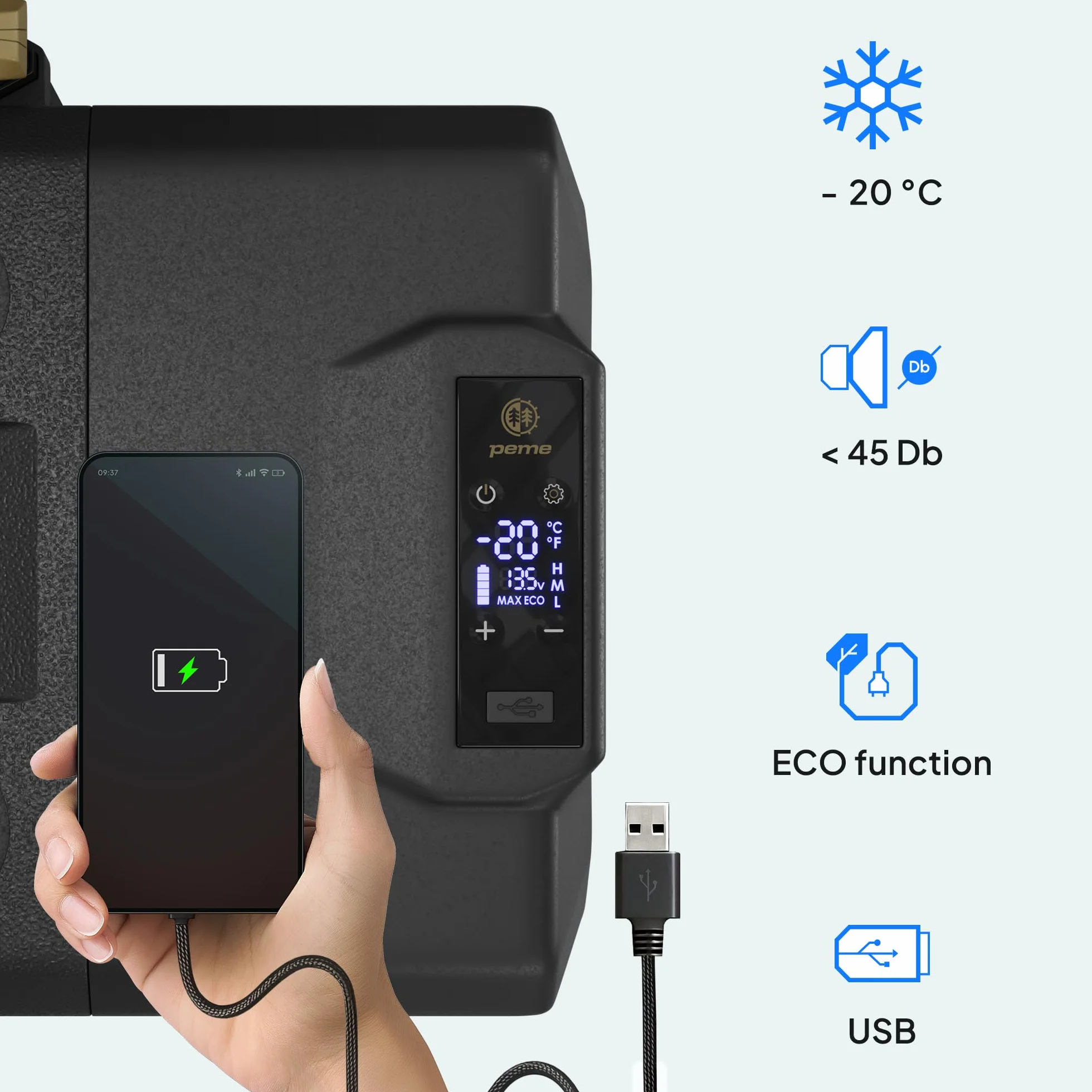peme Expedition Elektryczna Lodówka Kompresorowa 27-39 L - Chłodziarka i Zamrażarka, Chłodzenie -20°C, Podwójne Zasilanie 12V/24V & 230V, Aplikacja Bluetooth, Tryb Eco, do Samochodu, Kempingu